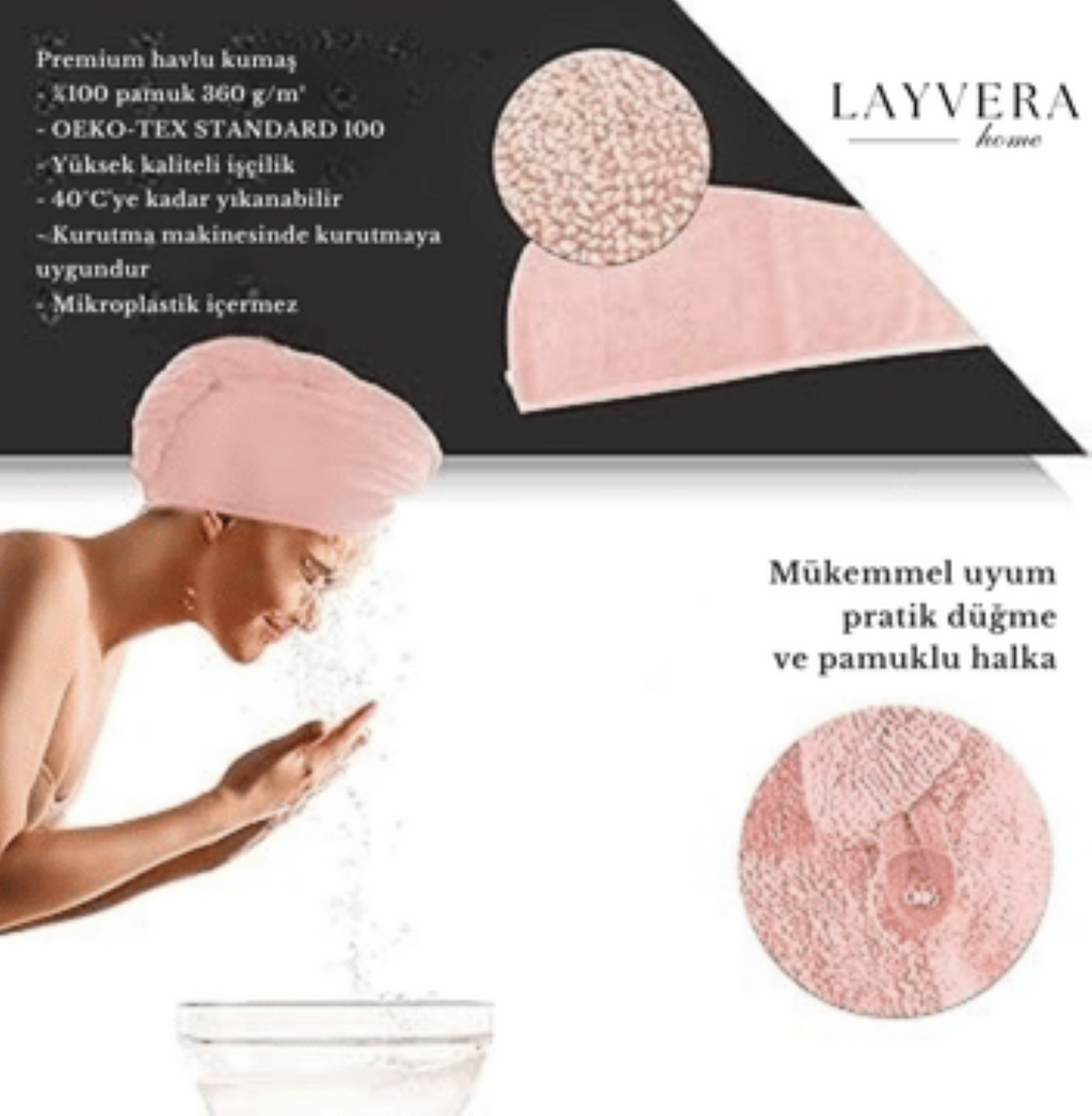 SAÇ BONESİ PEMBE | Saç Havlusu-Makyaj Havlusu-Akrilik Düğmeli-%100 Pamuklu-Makyaj Bonesi