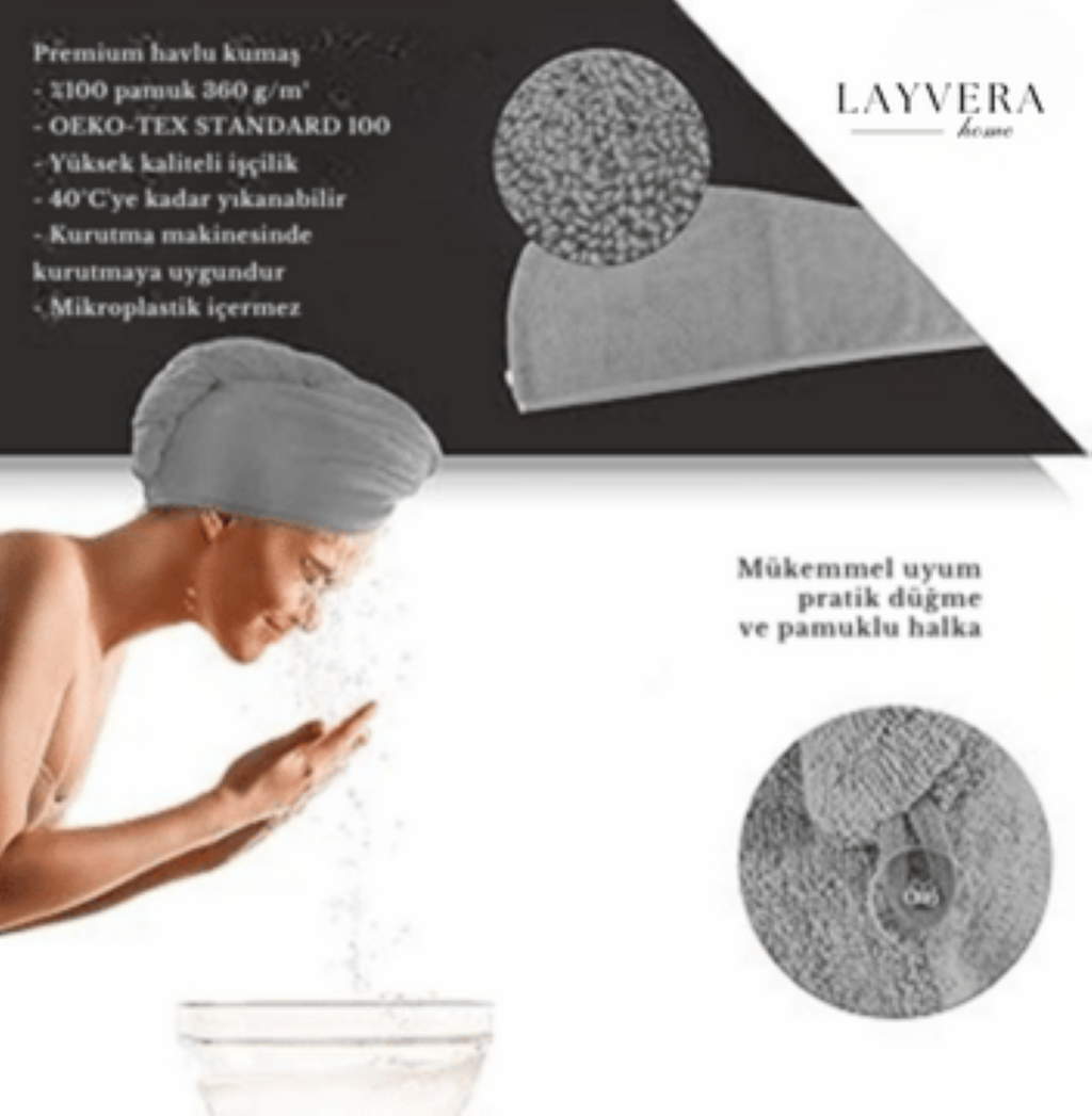 SAÇ BONESİ GRİ | Saç Havlusu-Makyaj Havlusu-Akrilik Düğmeli-%100 Pamuklu-Makyaj Bonesi