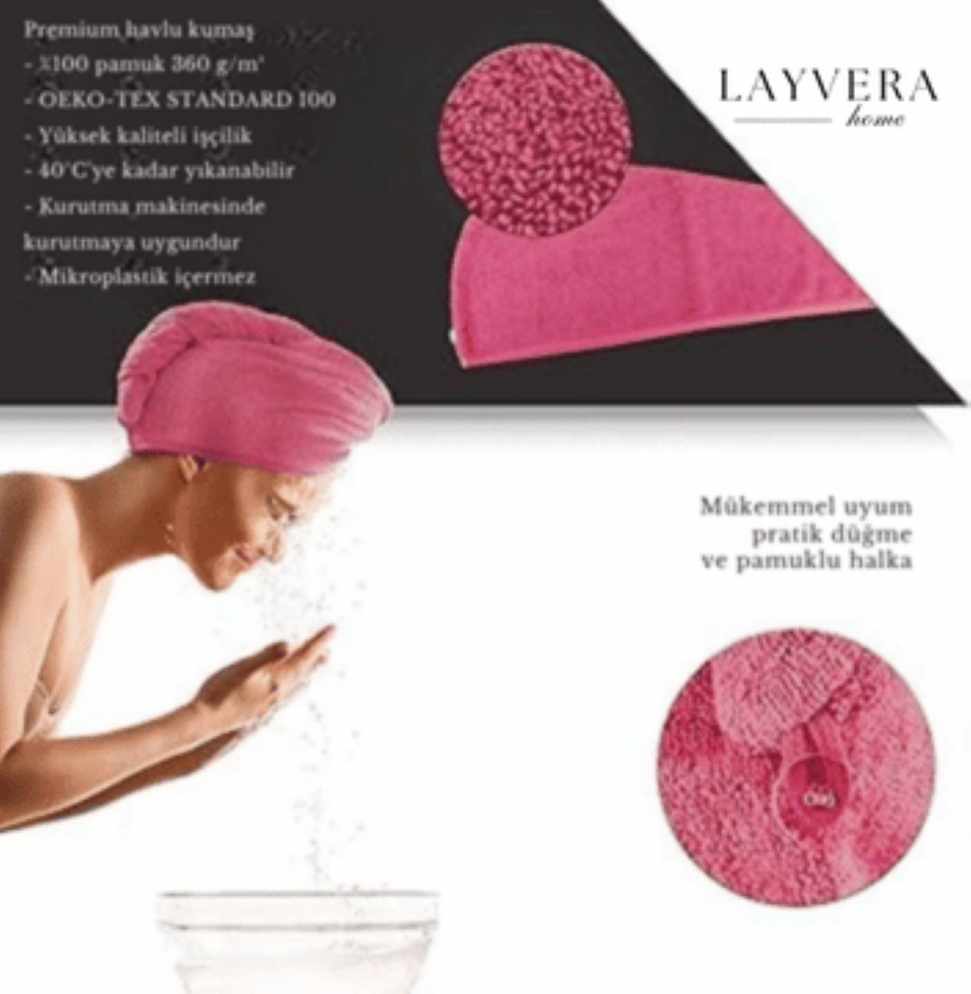 SAÇ BONESİ FUŞYA | Saç Havlusu-Makyaj Havlusu-Akrilik Düğmeli-%100 Pamuklu-Makyaj Bonesi