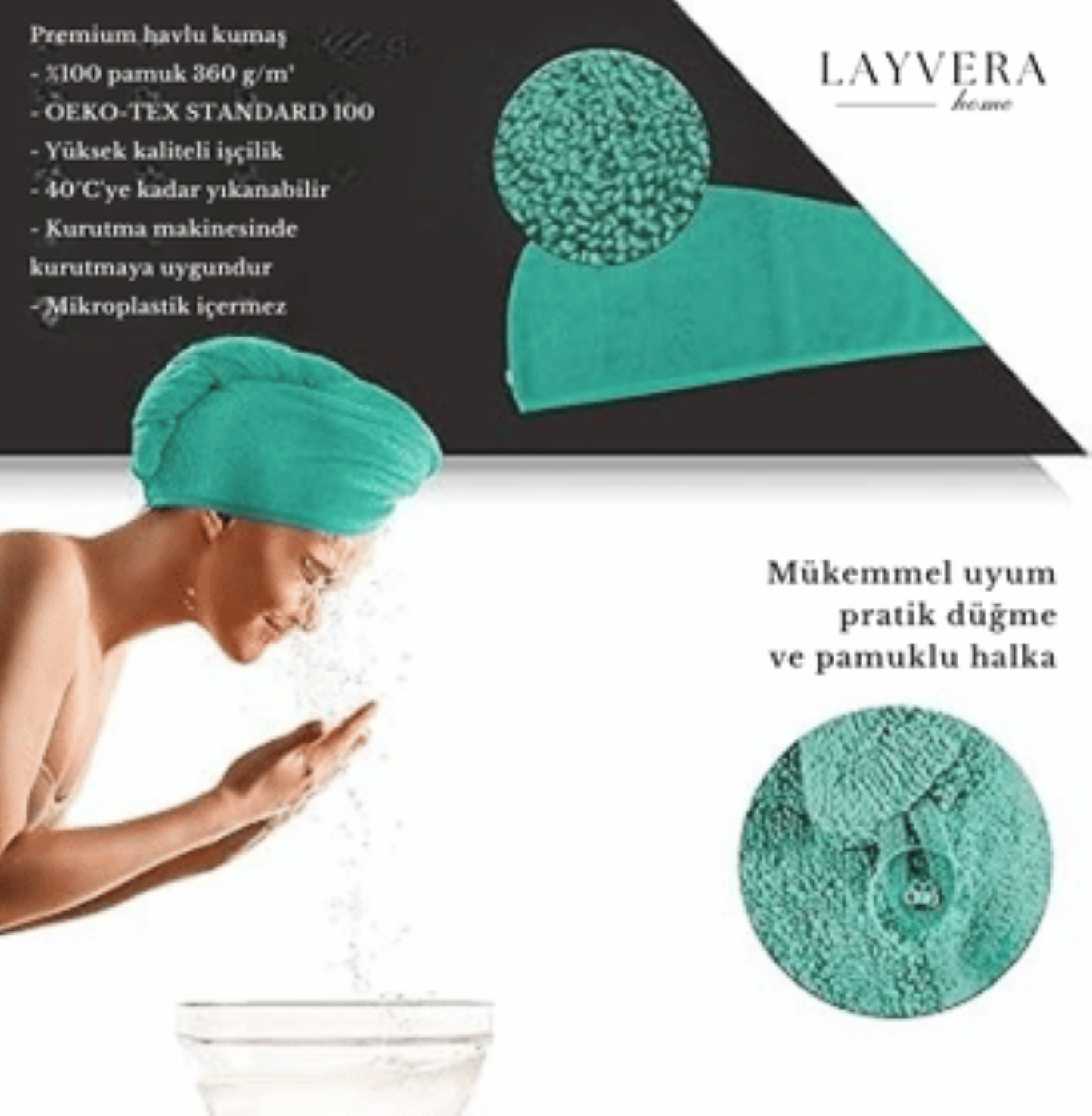 SAÇ BONESİ YEŞİL | Saç Havlusu-Makyaj Havlusu-Akrilik Düğmeli-%100 Pamuklu-Makyaj Bonesi