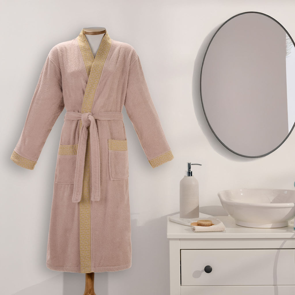 Layvera Griechischer Bademantel in Beige | 100 % Baumwolle – Griechisches Muster – Mit Tasche