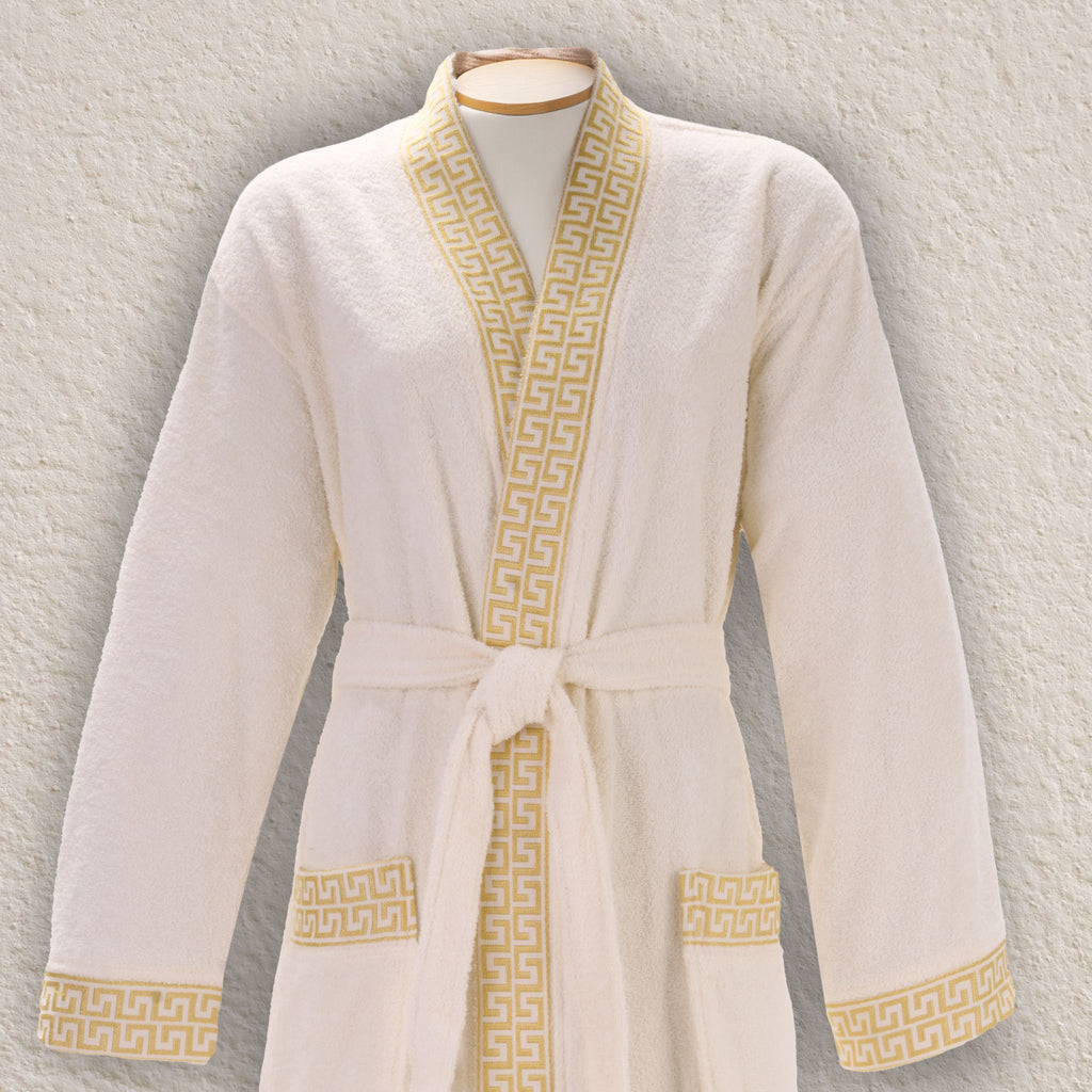 Layvera Griechischer Bademantel in Creme | 100 % Baumwolle – Griechisches Muster – Tasche
