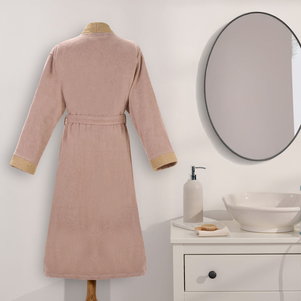 Layvera Griechischer Bademantel in Beige | 100 % Baumwolle – Griechisches Muster – Mit Tasche