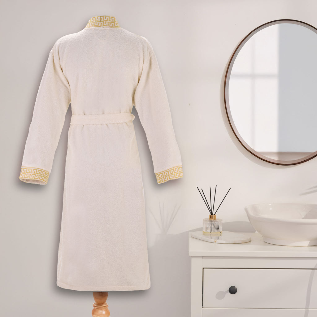 Layvera Griechischer Bademantel in Creme | 100 % Baumwolle – Griechisches Muster – Tasche