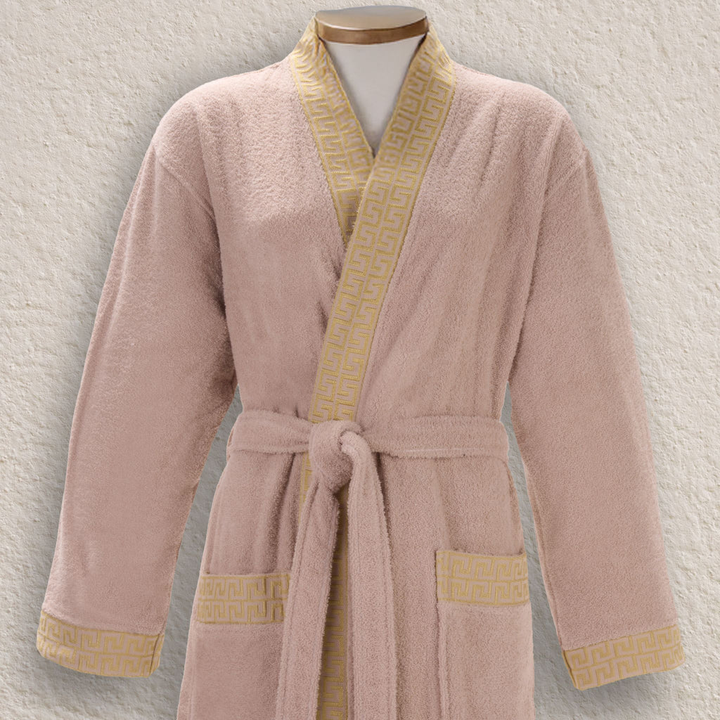 Layvera Griechischer Bademantel in Beige | 100 % Baumwolle – Griechisches Muster – Mit Tasche