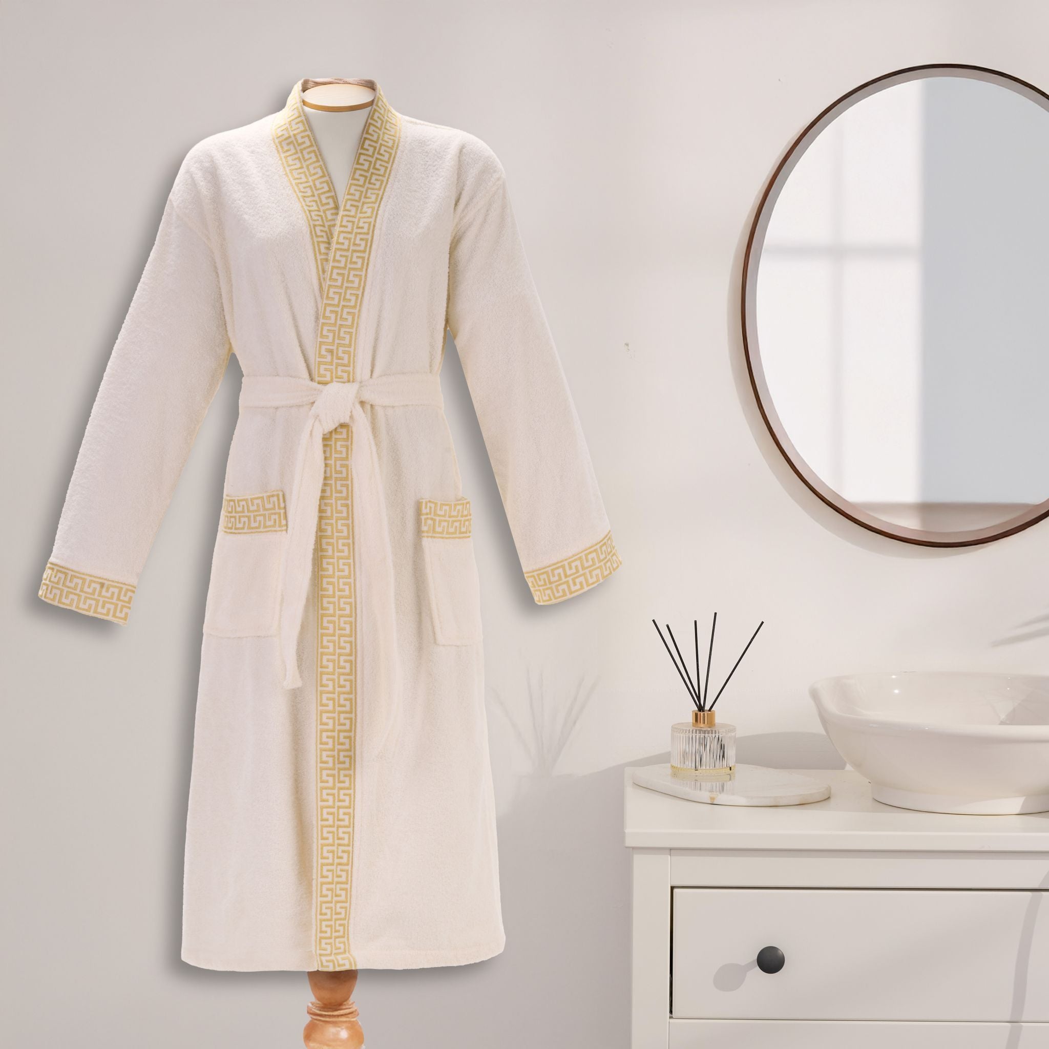 Layvera Bornoz Greek Krem | %100 Pamuk-Greek Desen-Cepli