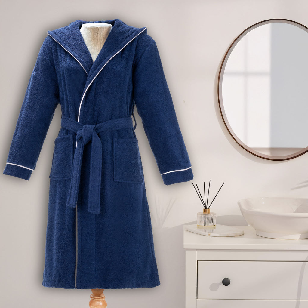 Layvera Bademantel Marineblau | 100 % Baumwolle, Kapuze, Tasche