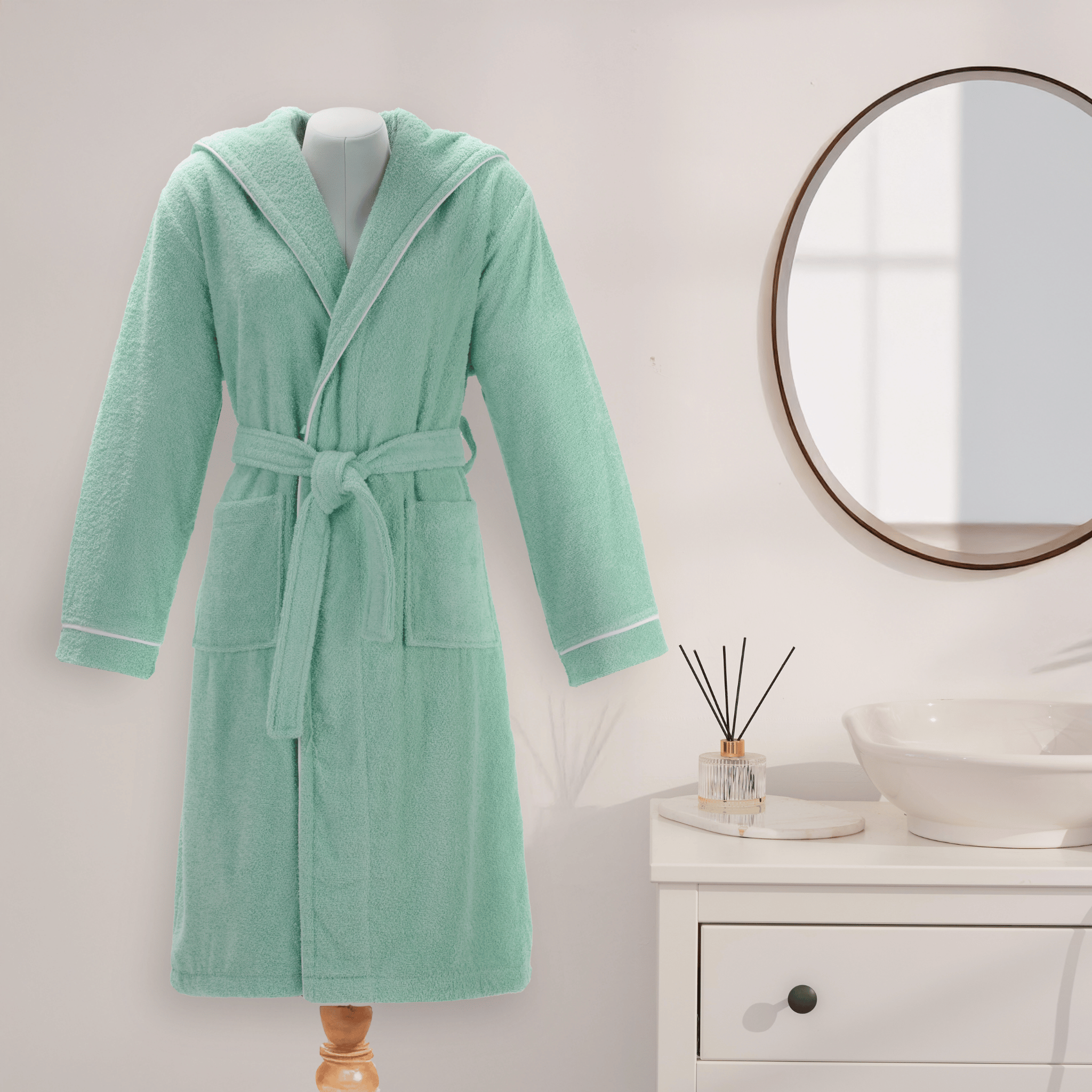 Layvera Bornoz | %100 Pamuk-Kapüşonlu-Biyeli-Cepli-Mint Green