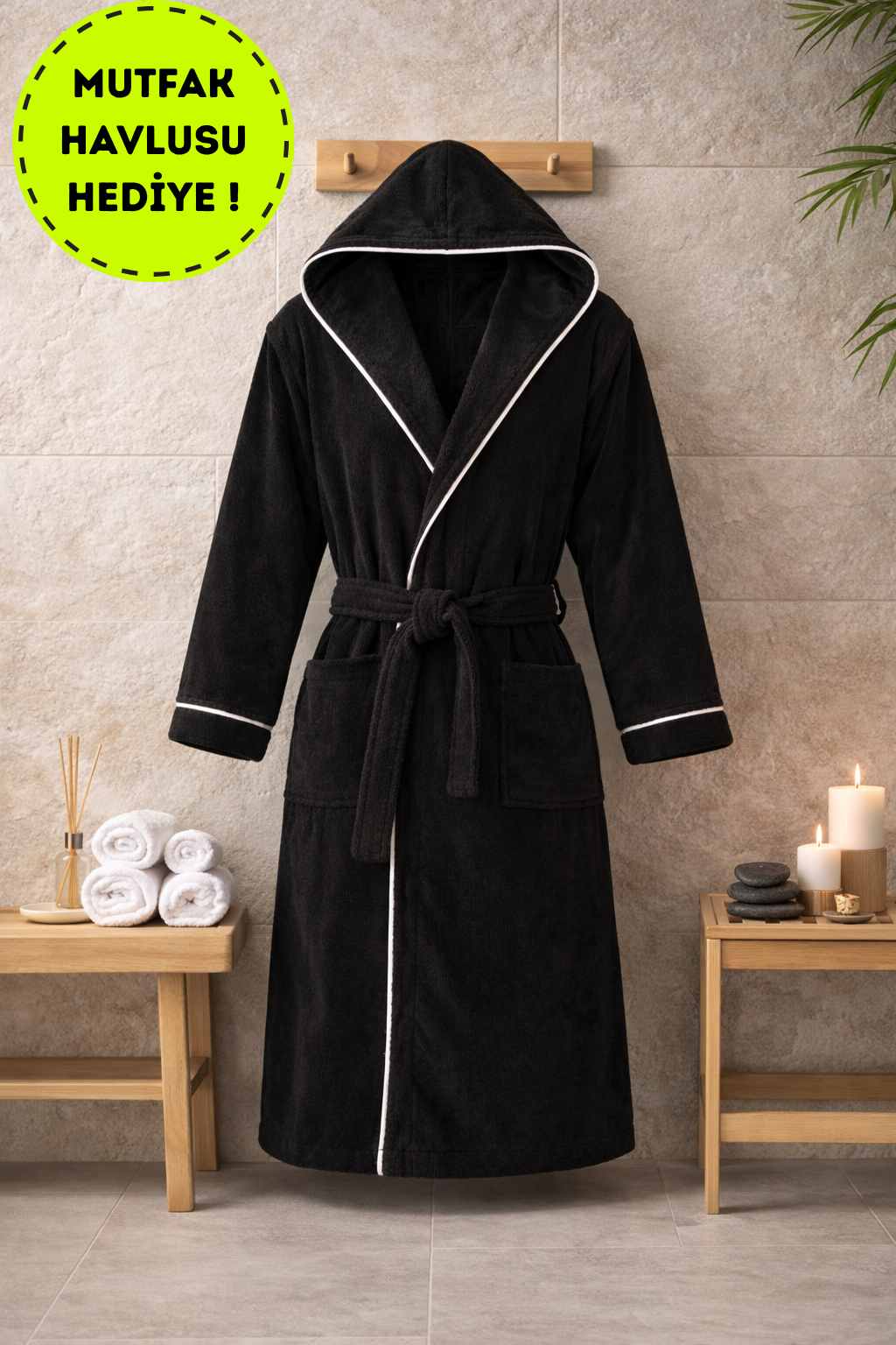 Unisex Siyah Bornoz %100 Pamuk | Yüksek Kalite, Kapüşonlu ve Biyeli