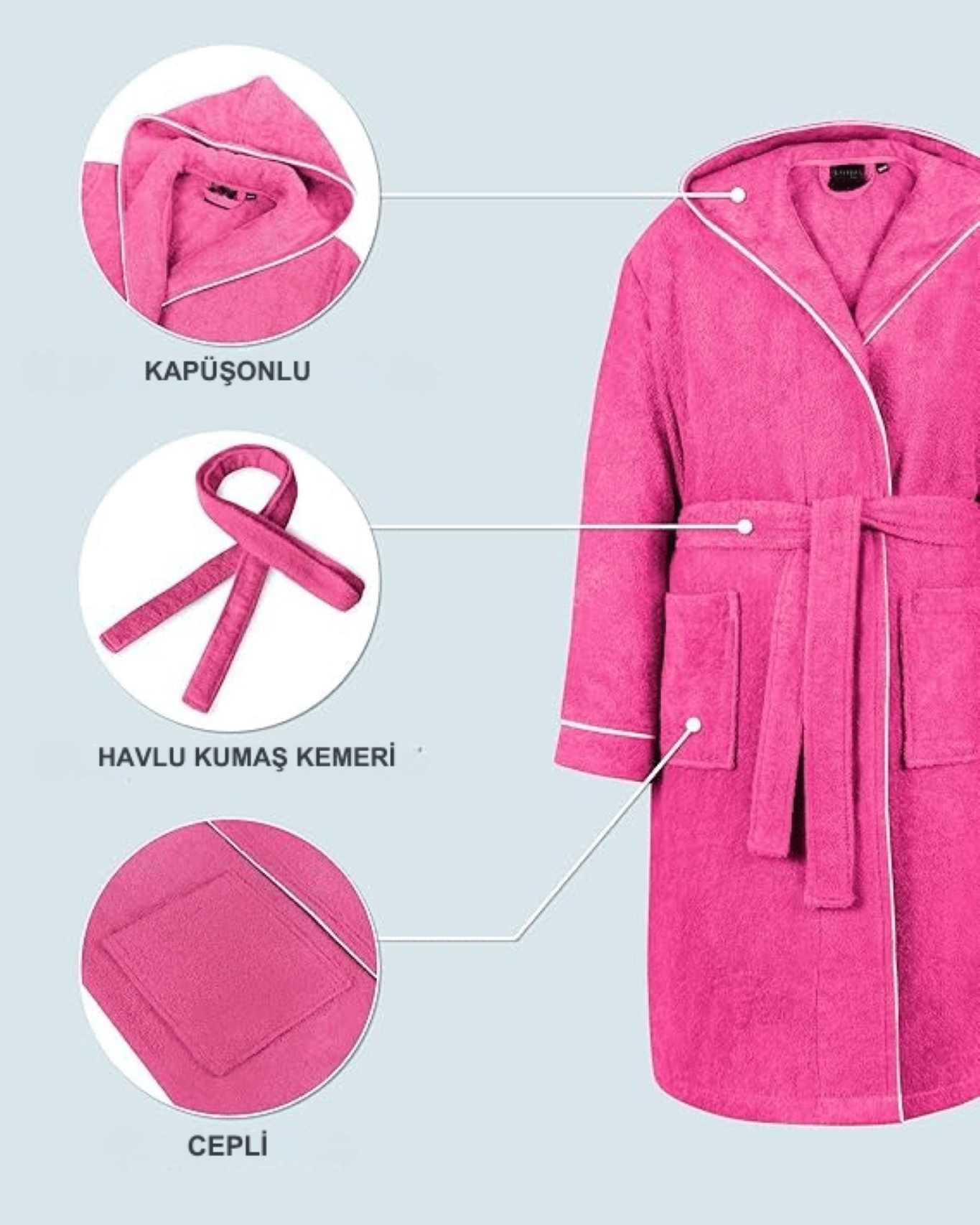 ÇOCUK BORNOZ FUŞYA | %100 Pamuklu-Yumuşak Doku-Kapüşonlu-Cepli-Biyeli