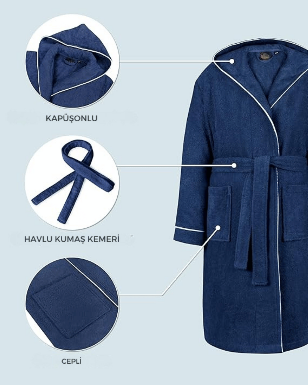 Kinderbademantel, Marineblau | 100 % Baumwolle – Weiche Textur – Kapuze – Tasche – Paspelierung