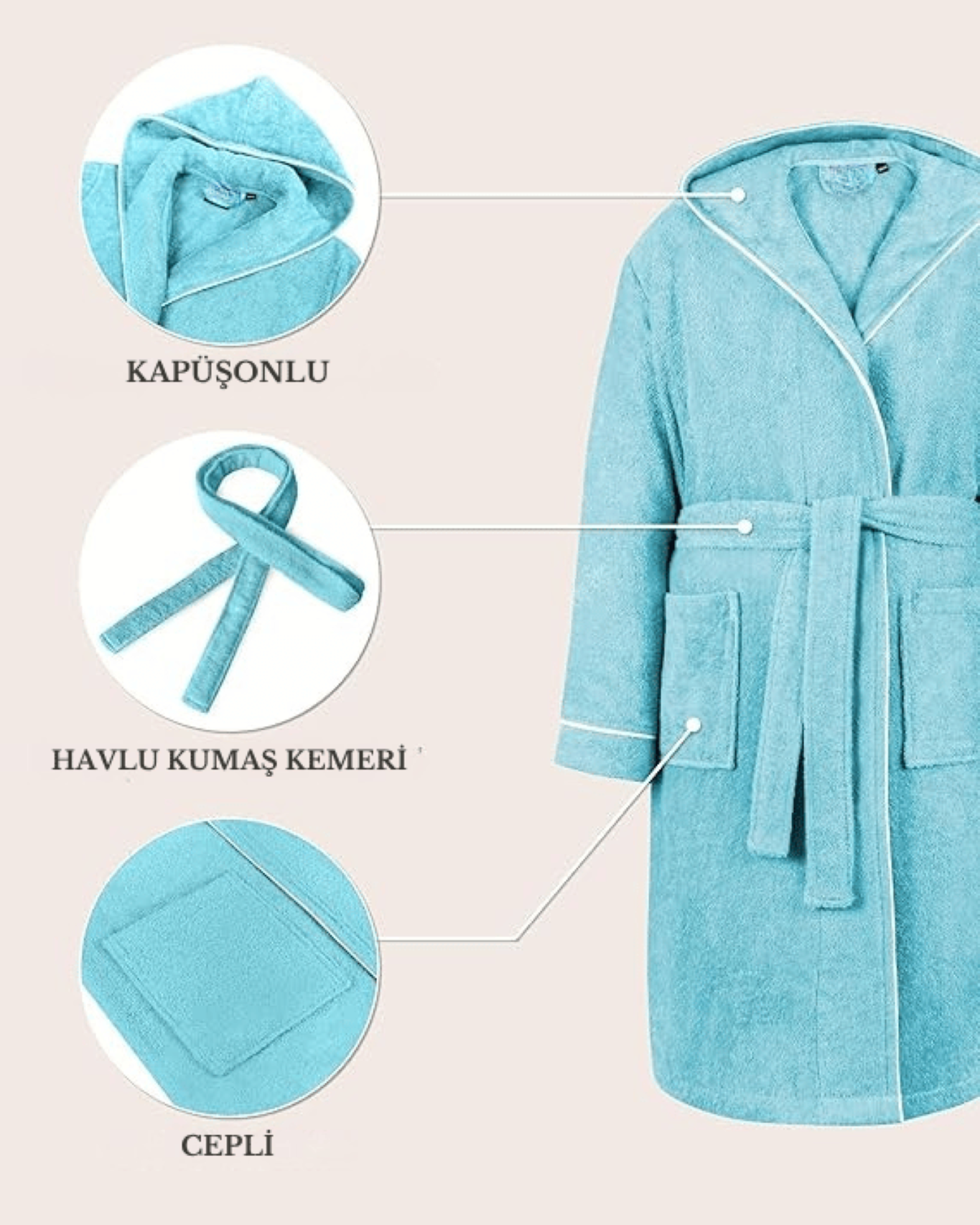 ÇOCUK BORNOZ TURKUAZ | %100 Pamuklu-Yumuşak Doku-Kapüşonlu-Cepli-Biyeli