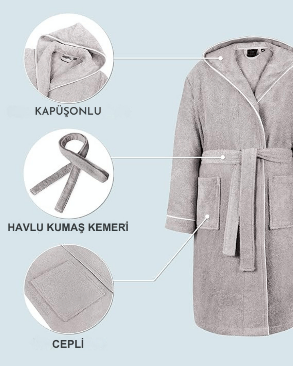 Kinderbademantel, grau | 100 % Baumwolle – weiche Textur – Kapuze – Tasche – Paspelierung