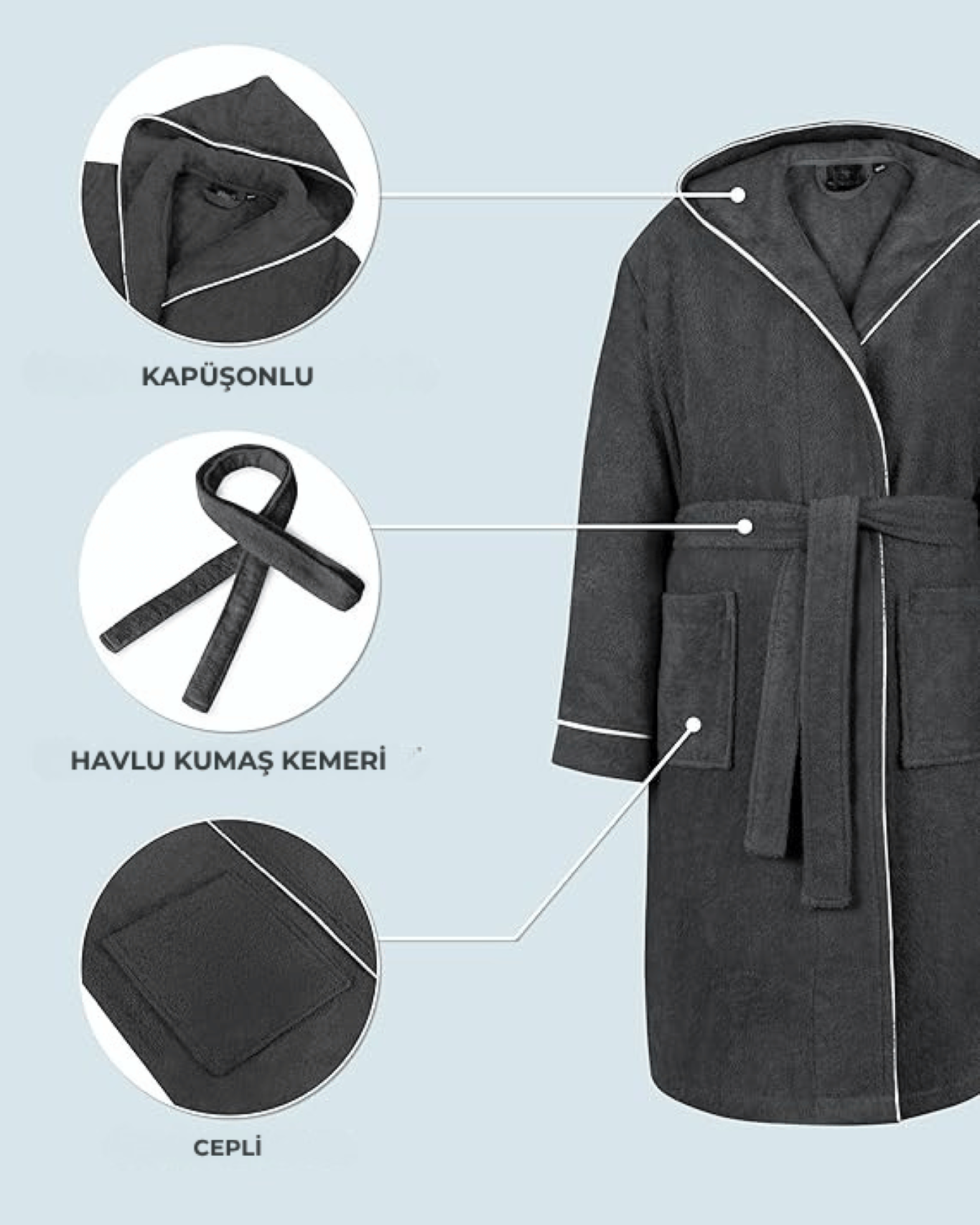 ÇOCUK BORNOZ ANTRASİT | %100 Pamuklu-Yumuşak Doku-Kapüşonlu-Cepli-Biyeli