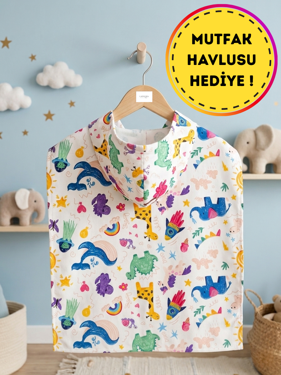 Çocuk Bebek Panço Baskılı Animal Desen | Sahil+Plaj+Deniz+Banyo