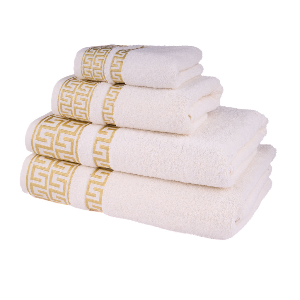 Griechisch gemustertes Handtuchset | 100 % Baumwolle – 4er-Set – Creme – Badezimmer – Küche – Gemustert