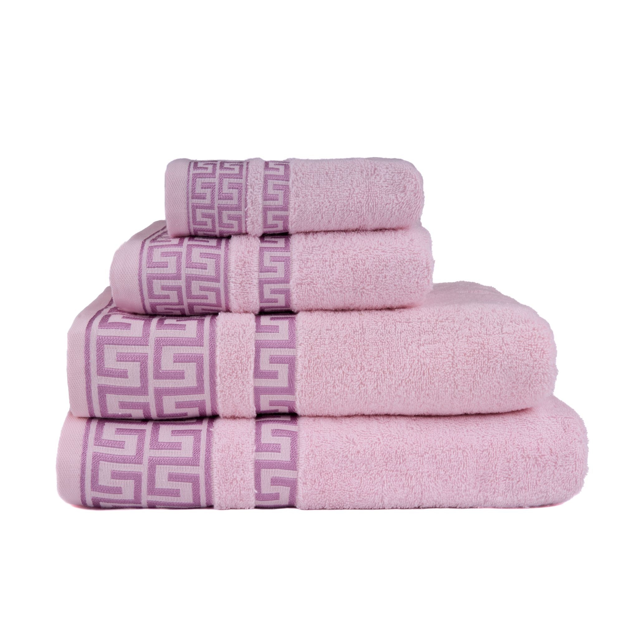 Greek Desen Havlu Set 4'Lü Set | %100 PAMUK-Pembe-Banyo-Mutfak-Desenli