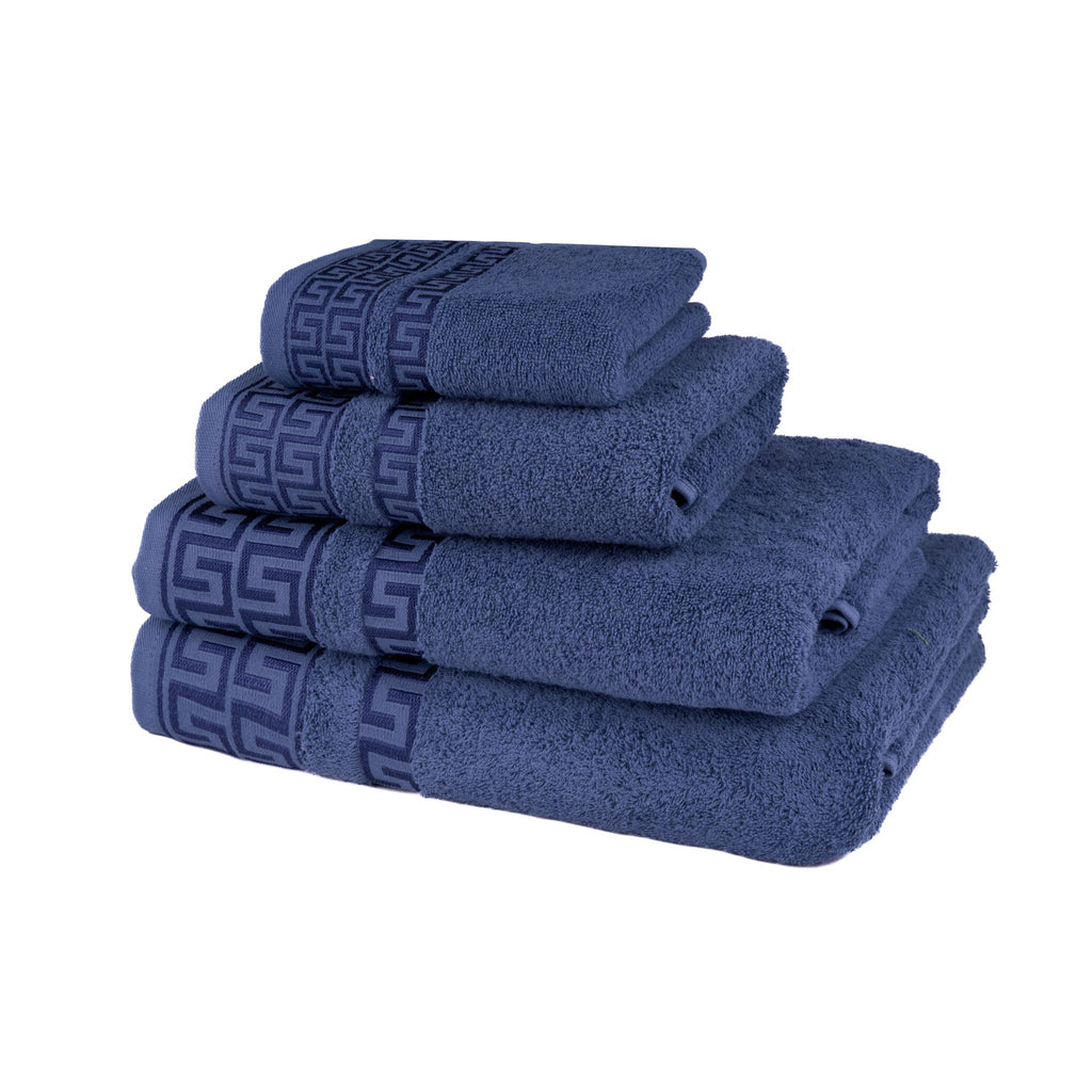 Griechisch gemustertes Handtuchset, 4-teilig, Marineblau | 100 % Baumwolle – Bad/Küche – Gemustert