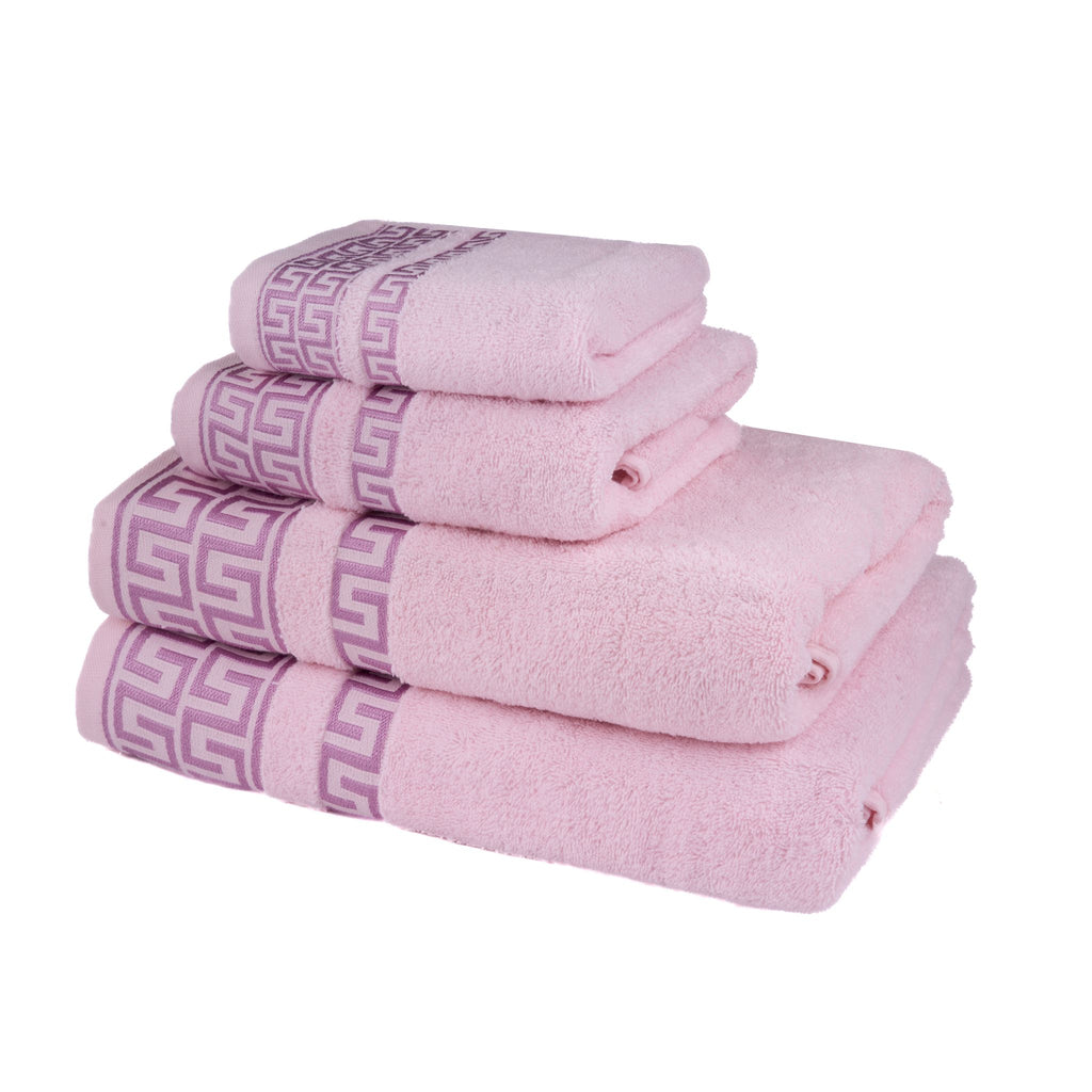 Griechisch gemustertes Handtuchset, 4-teilig | 100 % Baumwolle – Rosa – Badezimmer/Küche – Gemustert