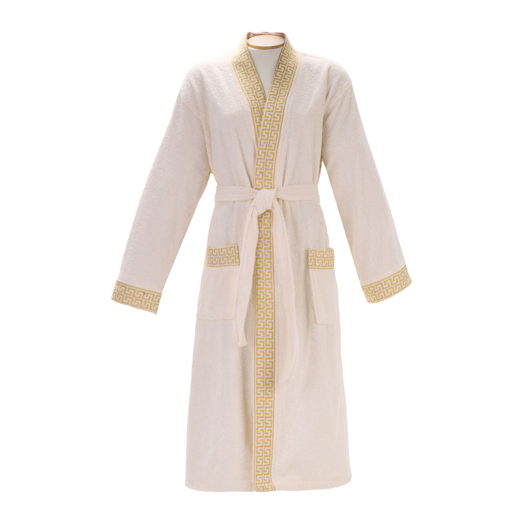 Layvera Griechischer Bademantel in Creme | 100 % Baumwolle – Griechisches Muster – Tasche