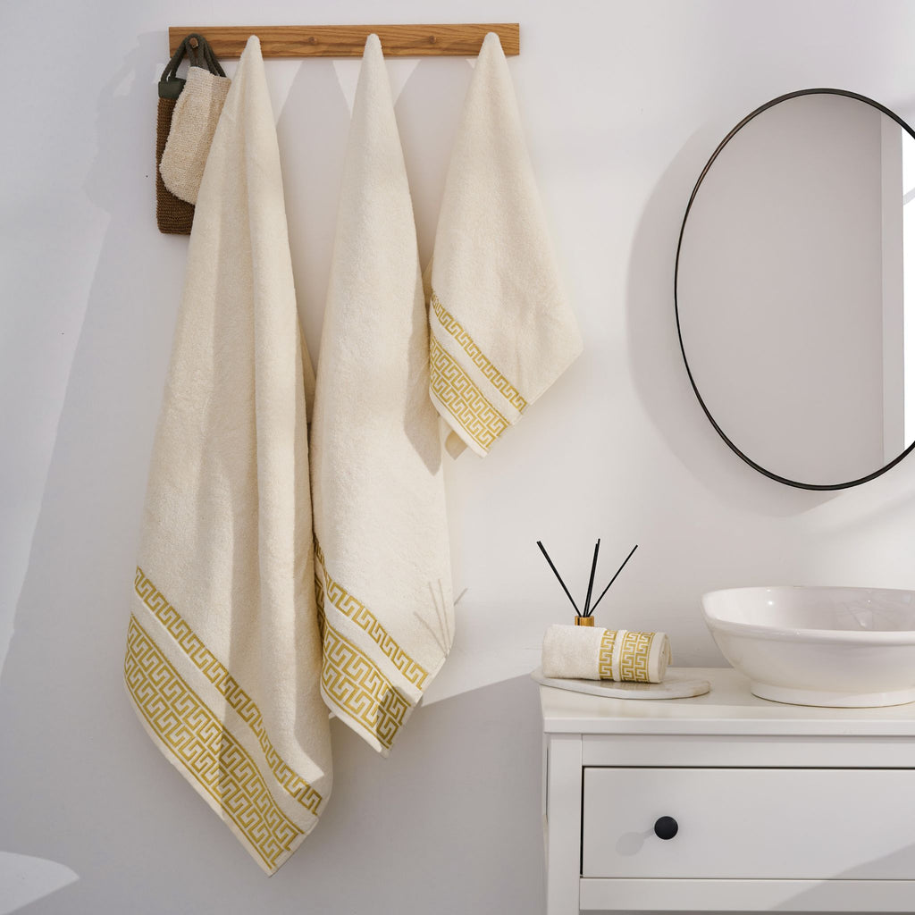 Griechisch gemustertes Handtuchset | 100 % Baumwolle – 4er-Set – Creme – Badezimmer – Küche – Gemustert