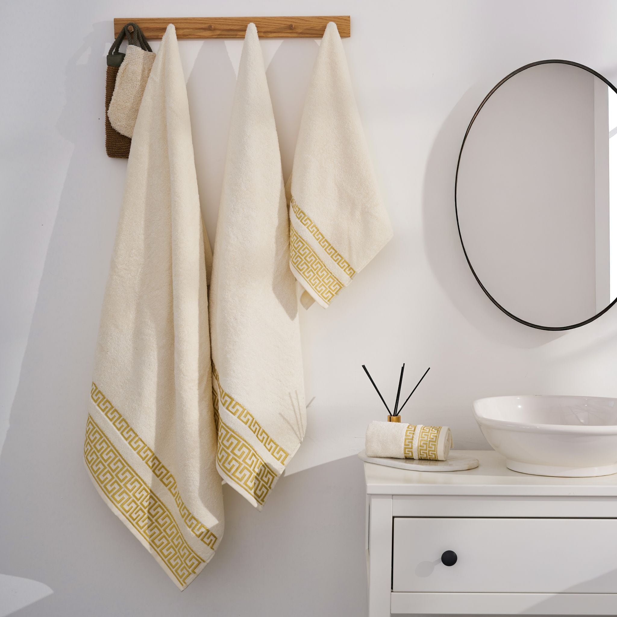 Greek Desen Havlu Set | %100 PAMUK-4'lü set-Krem-Banyo-Mutfak-Desenli