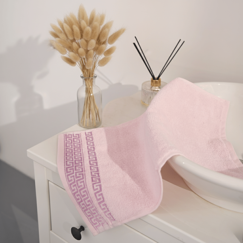 Greek Desen Havlu 600gr 90x150 Pembe | %100 PAMUK-Tekli-Pembe-Banyo-Mutfak-Desenli