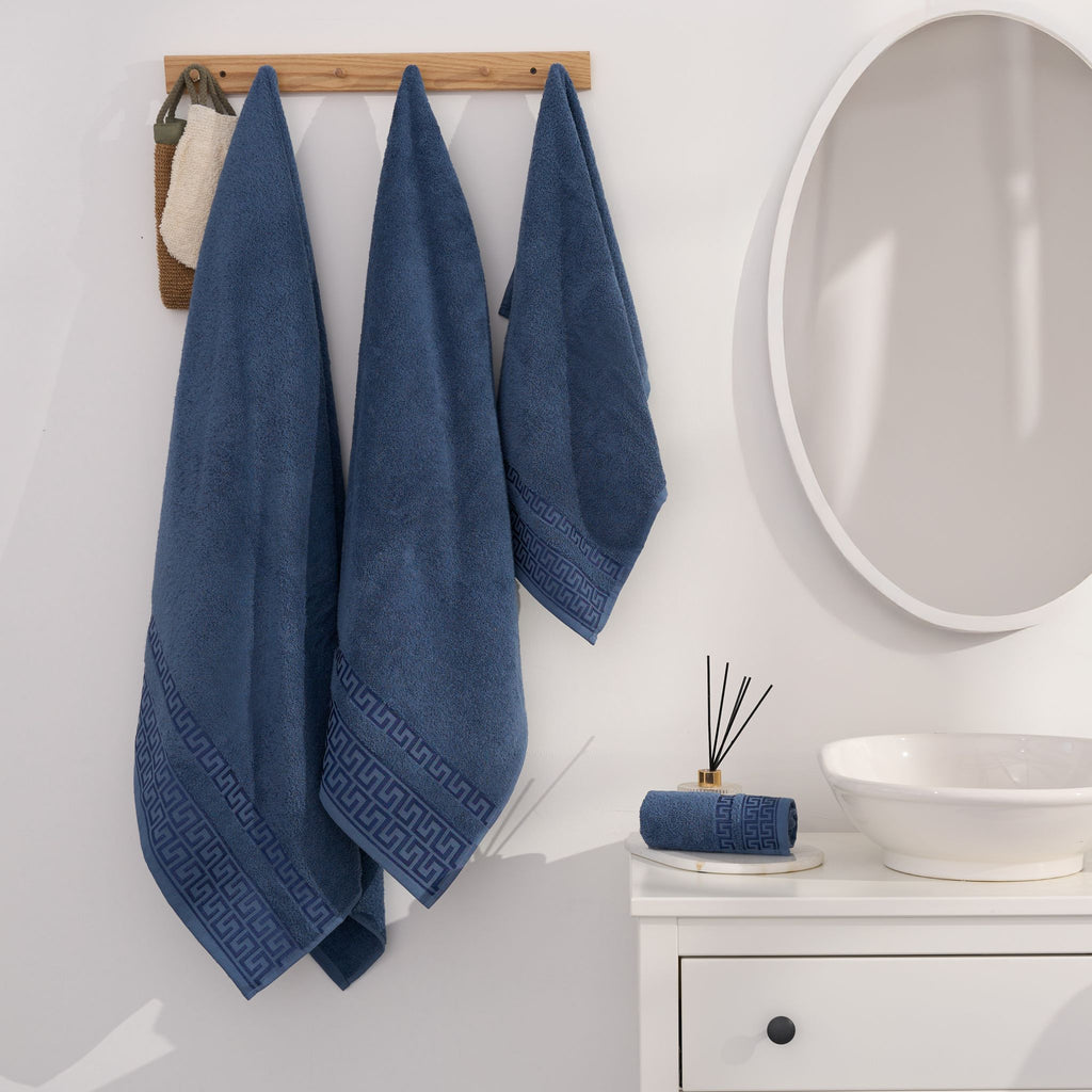 Griechisch gemustertes Handtuchset, 4-teilig, Marineblau | 100 % Baumwolle – Bad/Küche – Gemustert