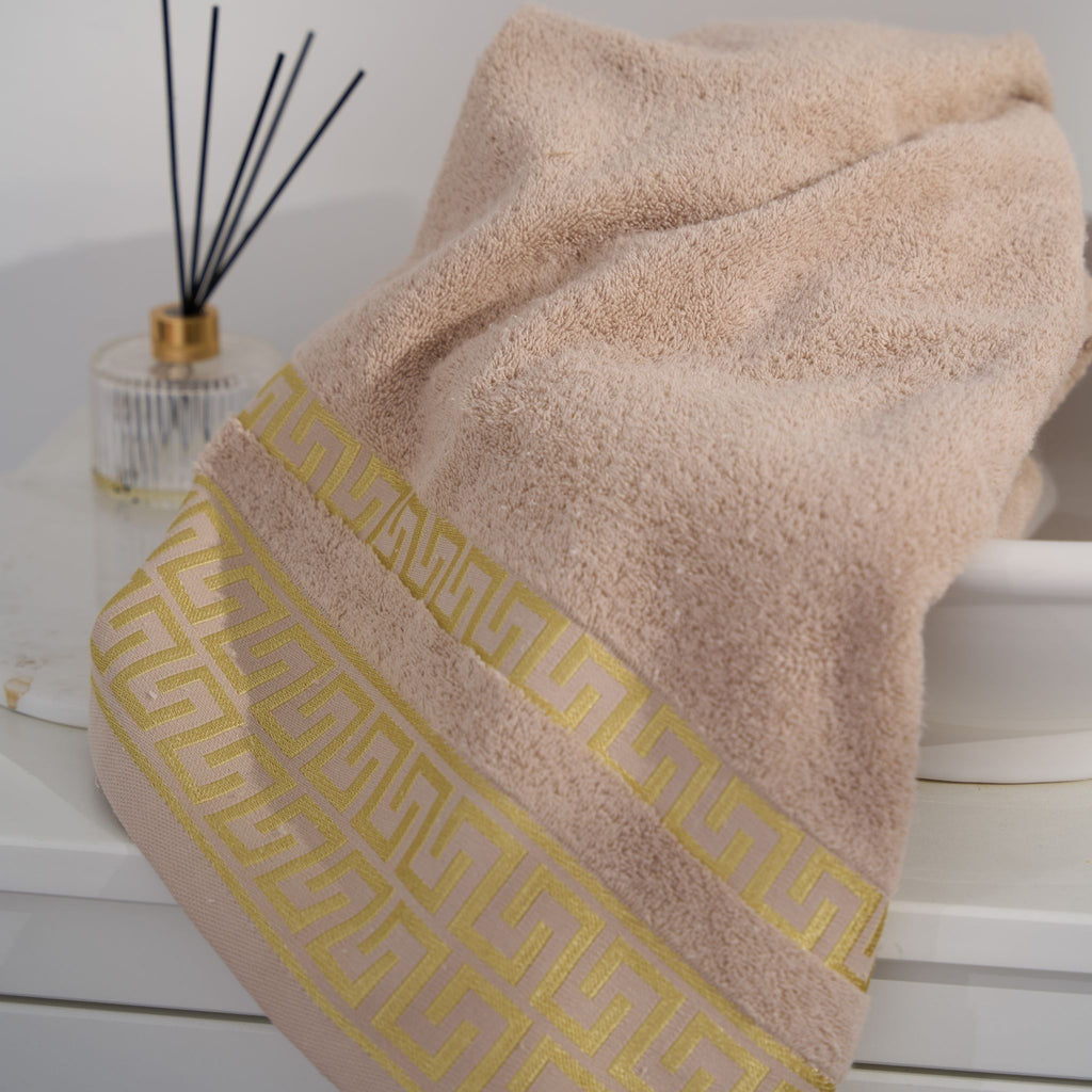 Griechisch gemustertes Handtuch | 100 % Baumwolle – Beige – Bad/Küche – Gemustert