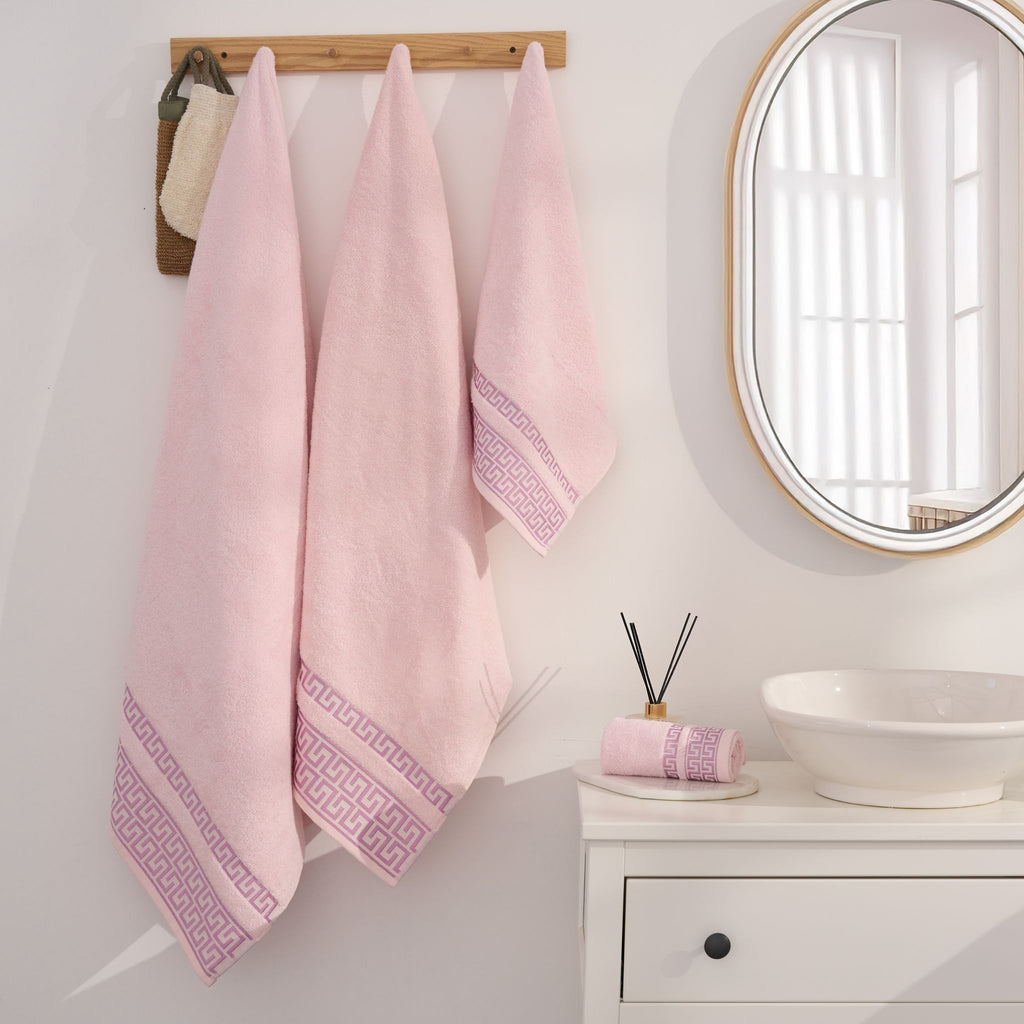 Griechisch gemustertes Handtuchset, 4-teilig | 100 % Baumwolle – Rosa – Badezimmer/Küche – Gemustert