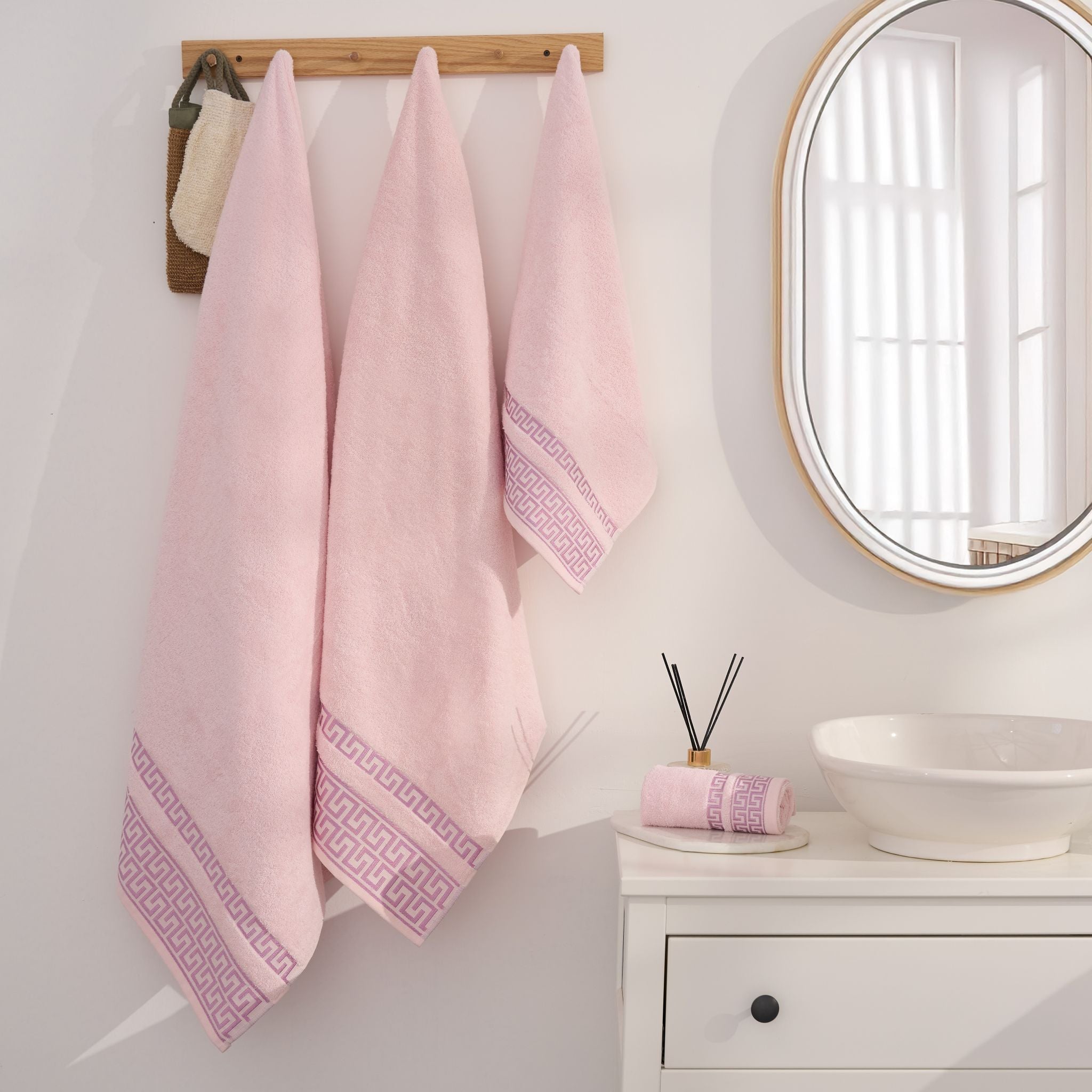 Greek Desen Havlu Set 4'Lü Set | %100 PAMUK-Pembe-Banyo-Mutfak-Desenli