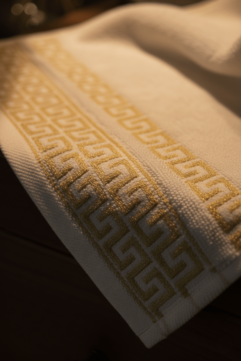 Griechisch gemustertes Handtuch, 600 g, 90 x 150 cm | 100 % Baumwolle, einfarbig, cremefarben, für Bad und Küche