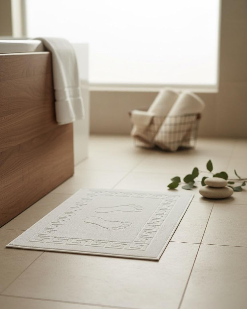 Ayak Paspası %100 Pamuk | Beyaz-Pamuklu-Yumuşak Doku-Desenli-Banyo-Tuvalet