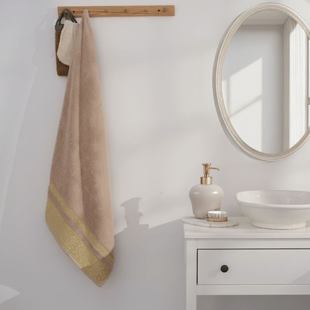 Griechisch gemustertes Handtuch | 100 % Baumwolle – Beige – Bad/Küche – Gemustert