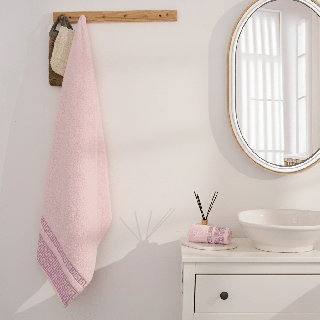 Greek Desen Havlu 600gr 90x150 Pembe | %100 PAMUK-Tekli-Pembe-Banyo-Mutfak-Desenli