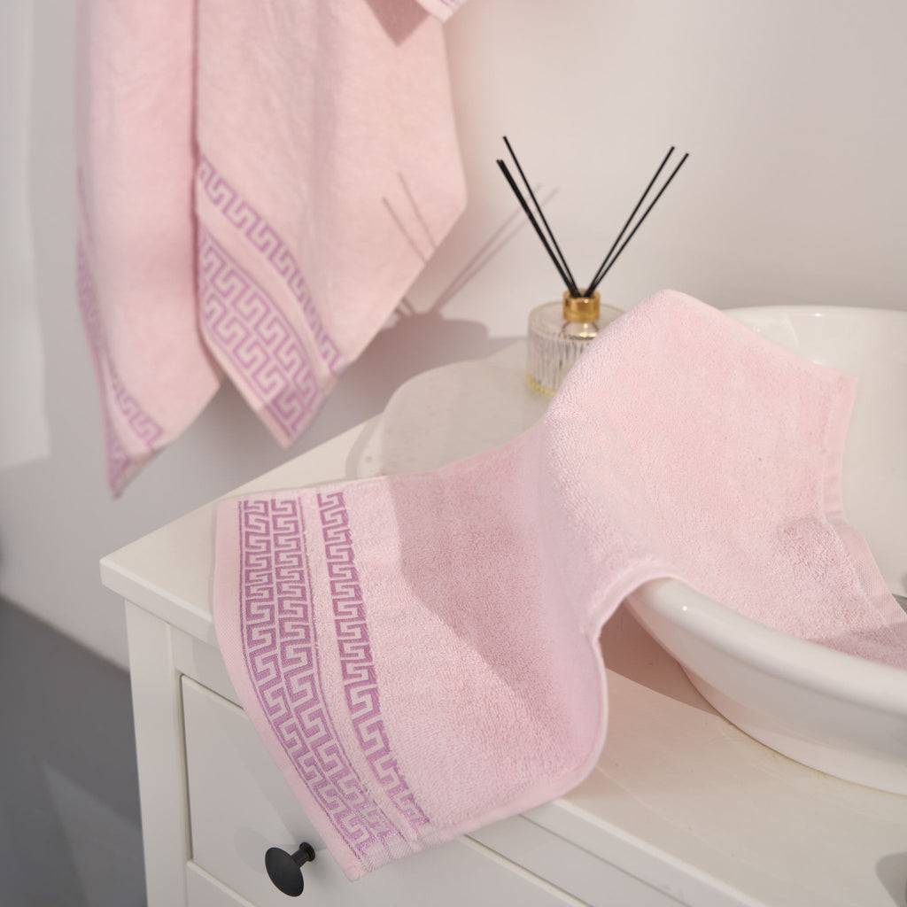Griechisch gemustertes Handtuchset, 4-teilig | 100 % Baumwolle – Rosa – Badezimmer/Küche – Gemustert