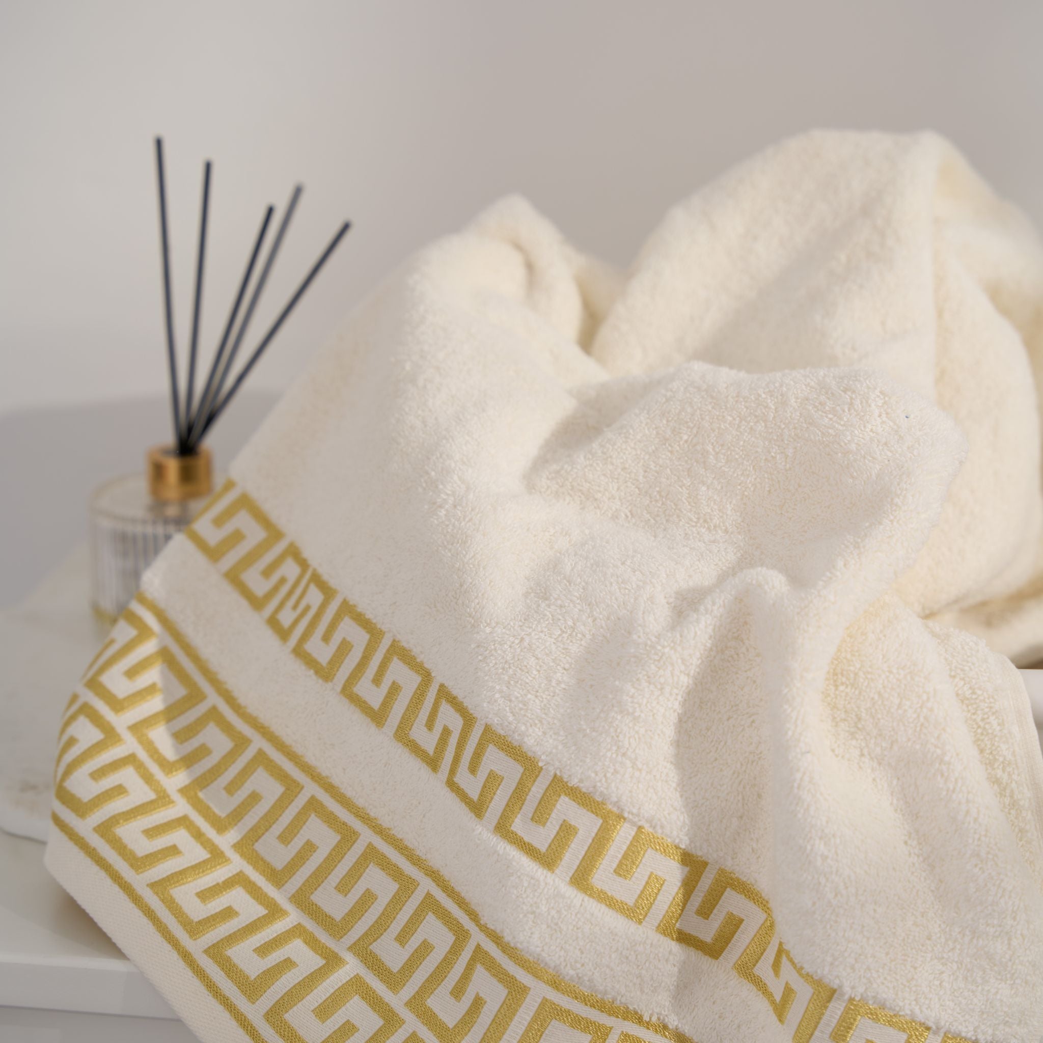 Greek Desen Havlu Set | %100 PAMUK-4'lü set-Krem-Banyo-Mutfak-Desenli