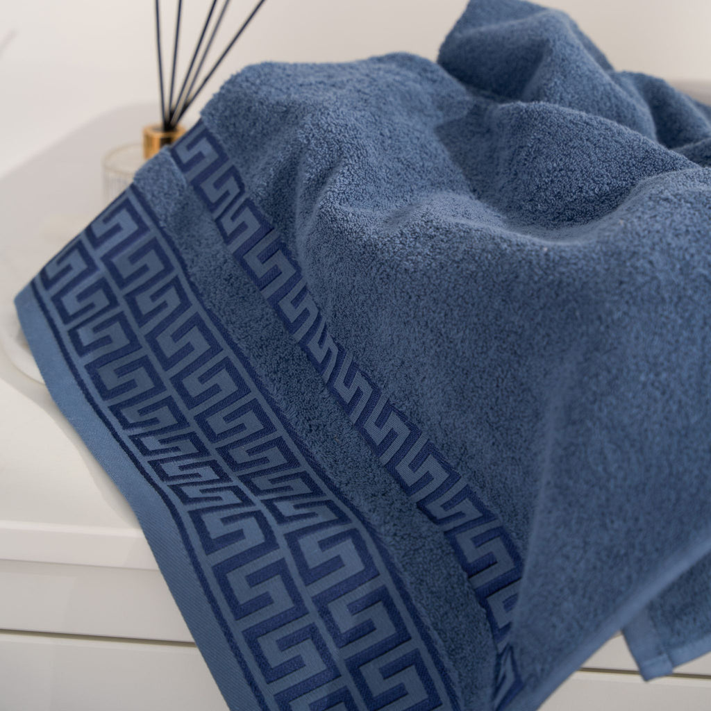 Griechisch gemustertes Handtuch, 600 g, Marineblau, 90 x 150 cm | 100 % Baumwolle – Einzelhandtuch – Bad/Küche – Gemustert