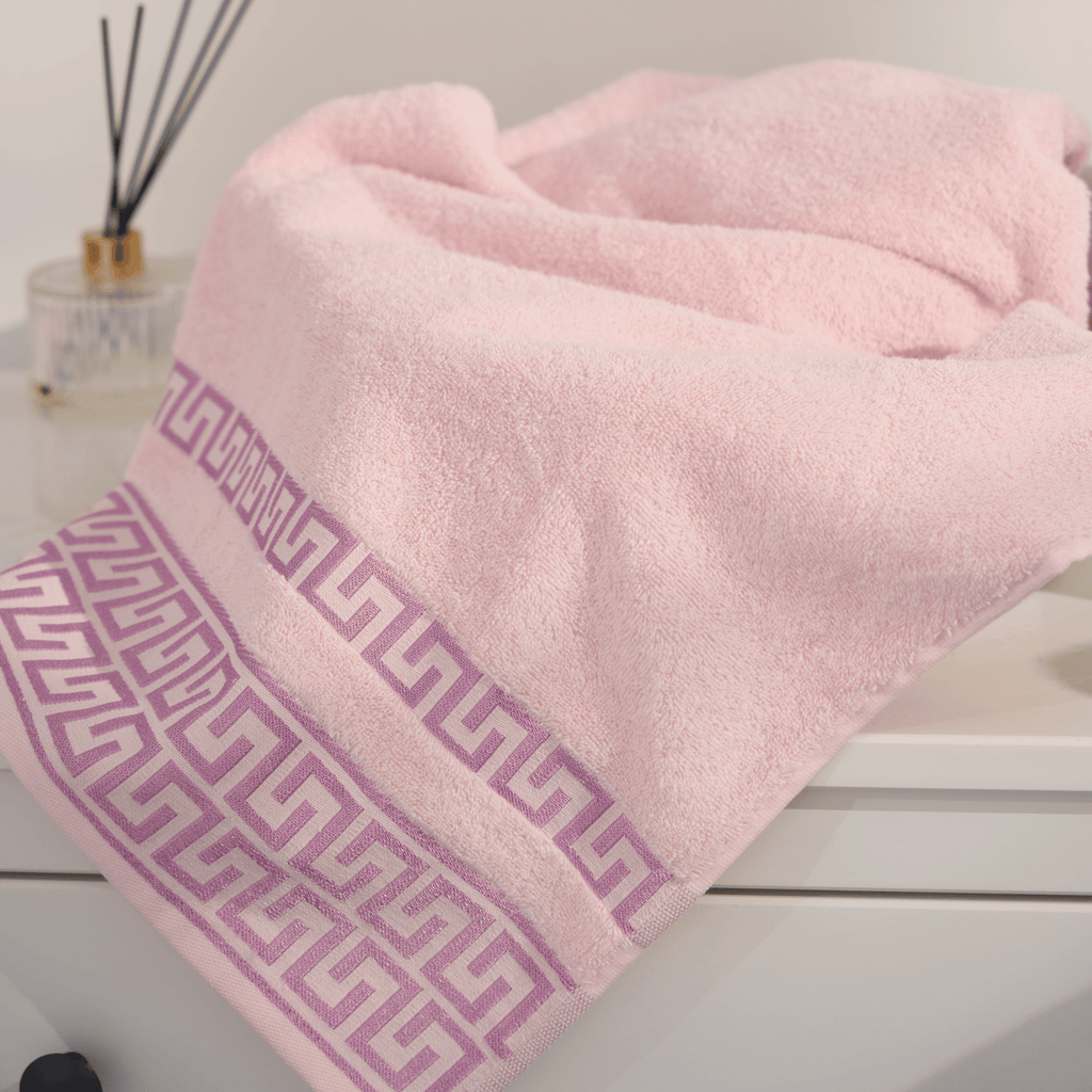 Griechisch gemustertes Handtuch, 600 g, 90 x 150 cm, Rosa | 100 % Baumwolle – Einzeln – Rosa – Badezimmer/Küche – Gemustert