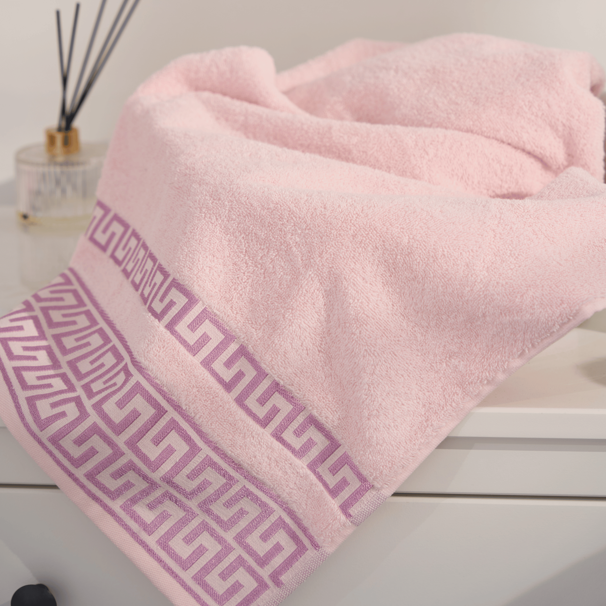 Greek Desen Havlu 600gr 90x150 Pembe | %100 PAMUK-Tekli-Pembe-Banyo-Mutfak-Desenli