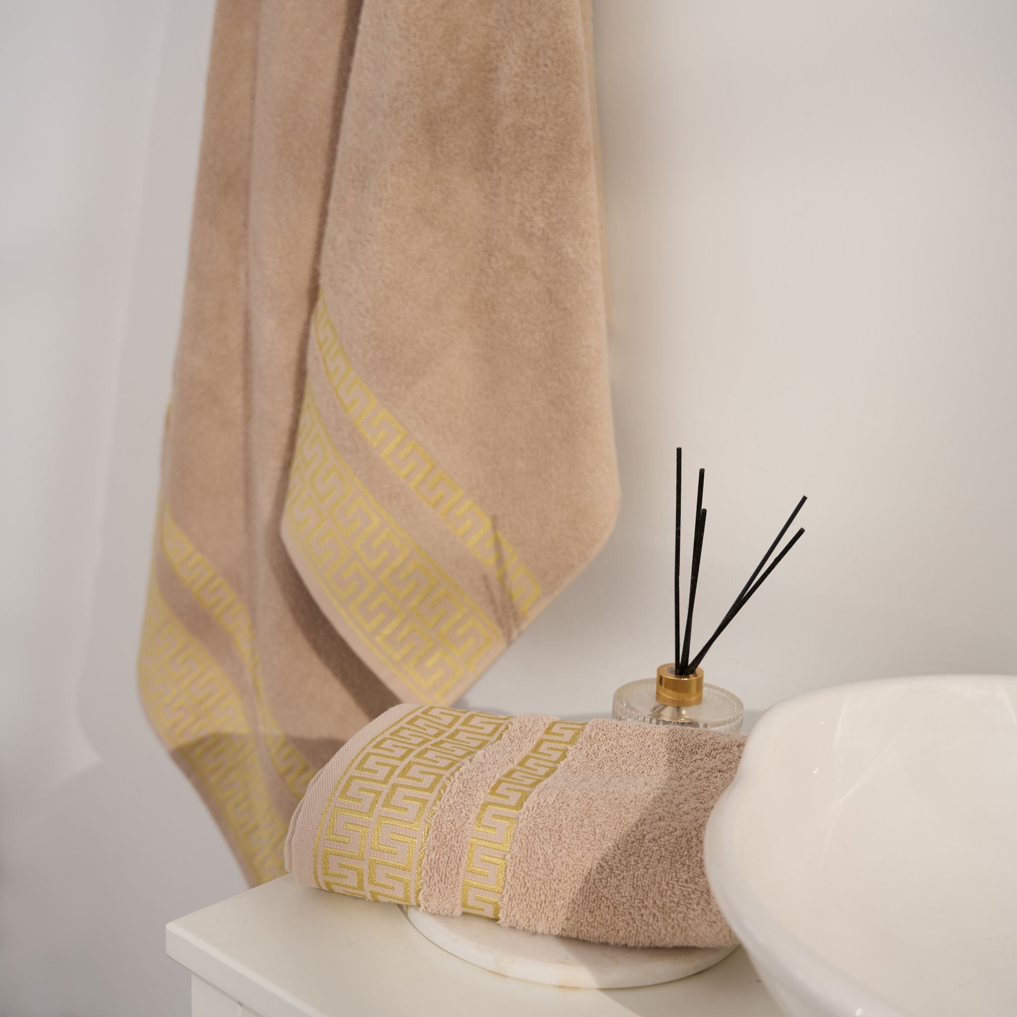 Greek Desen Havlu Set | %100 PAMUK-3'lü set-Gri-Banyo-Mutfak-Desenli