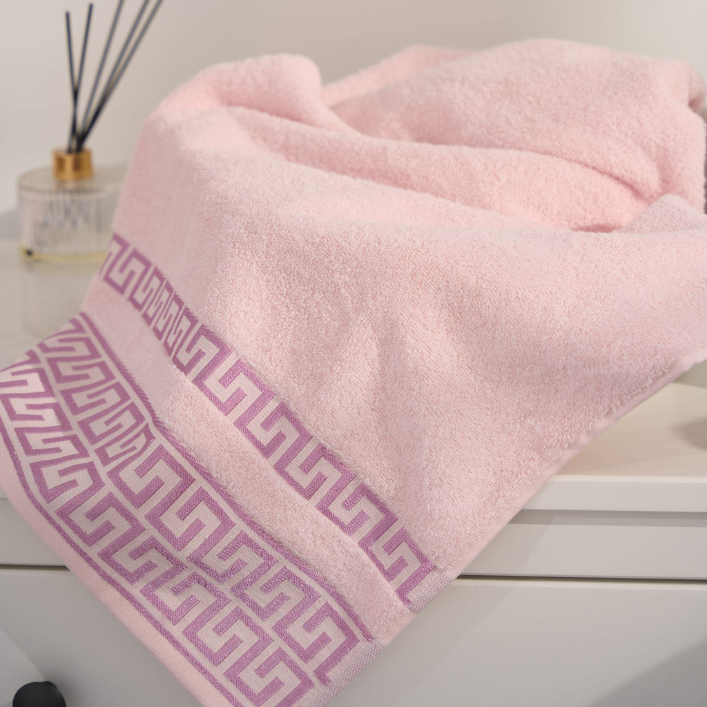 Griechisch gemustertes Handtuchset, 4-teilig | 100 % Baumwolle – Rosa – Badezimmer/Küche – Gemustert