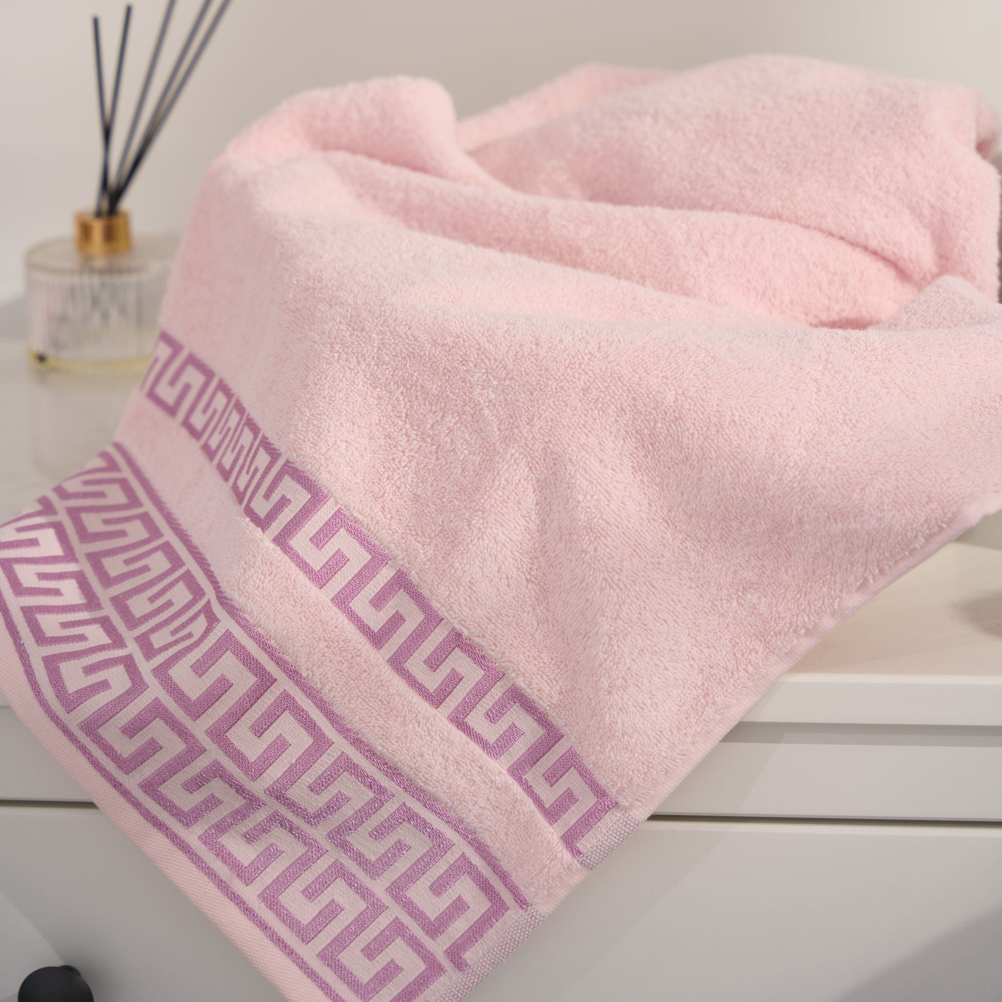 Greek Desen Havlu Set 4'Lü Set | %100 PAMUK-Pembe-Banyo-Mutfak-Desenli