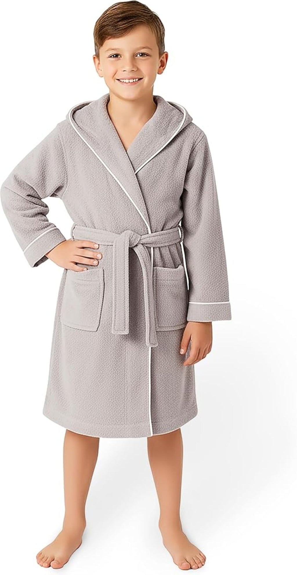Kinderbademantel, grau | 100 % Baumwolle – weiche Textur – Kapuze – Tasche – Paspelierung