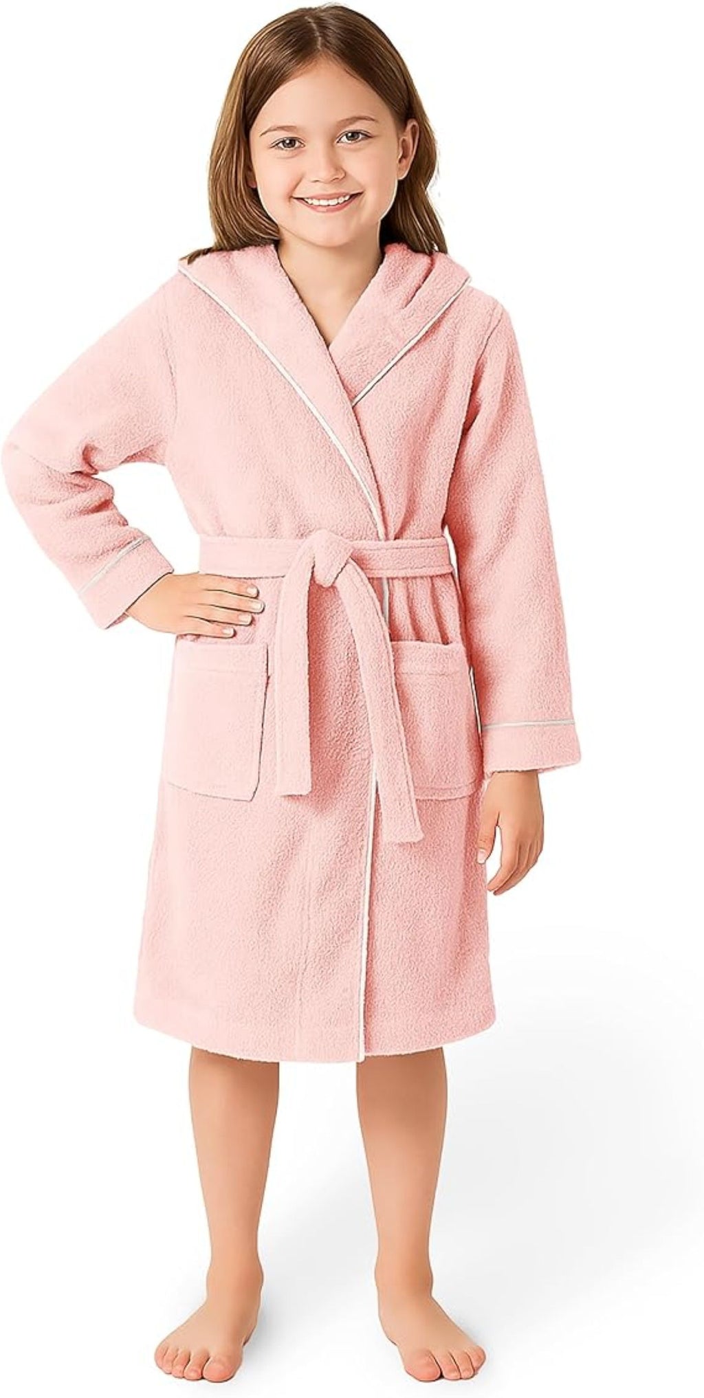 Rosa Kinderbademantel | 100 % Baumwolle – Weiche Textur – Kapuze – Tasche – Paspelierung