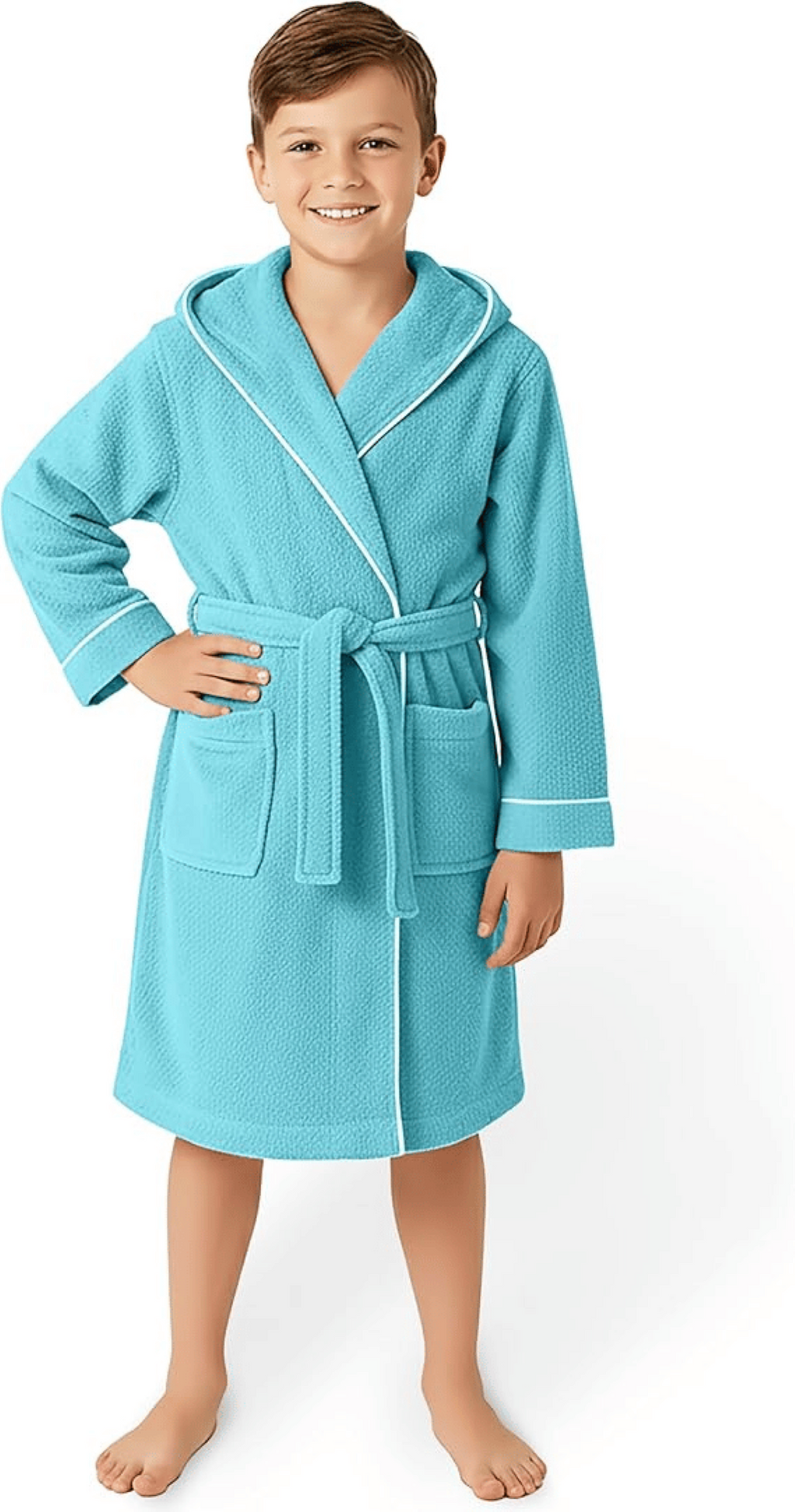 Kinderbademantel Türkis | 100 % Baumwolle – Weiche Textur – Kapuze – Tasche – Paspelierung