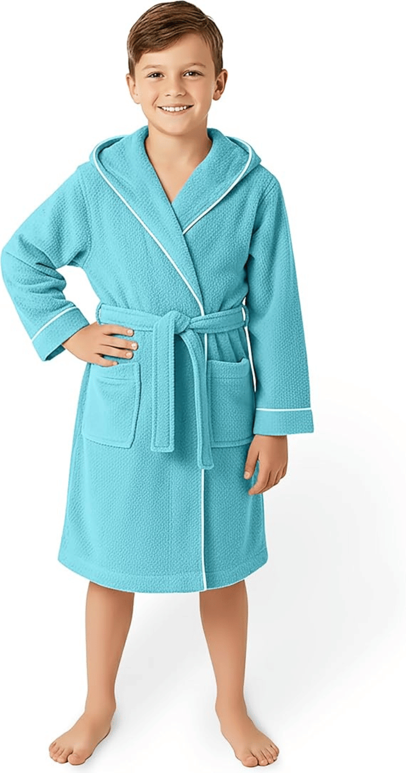 ÇOCUK BORNOZ TURKUAZ | %100 Pamuklu-Yumuşak Doku-Kapüşonlu-Cepli-Biyeli