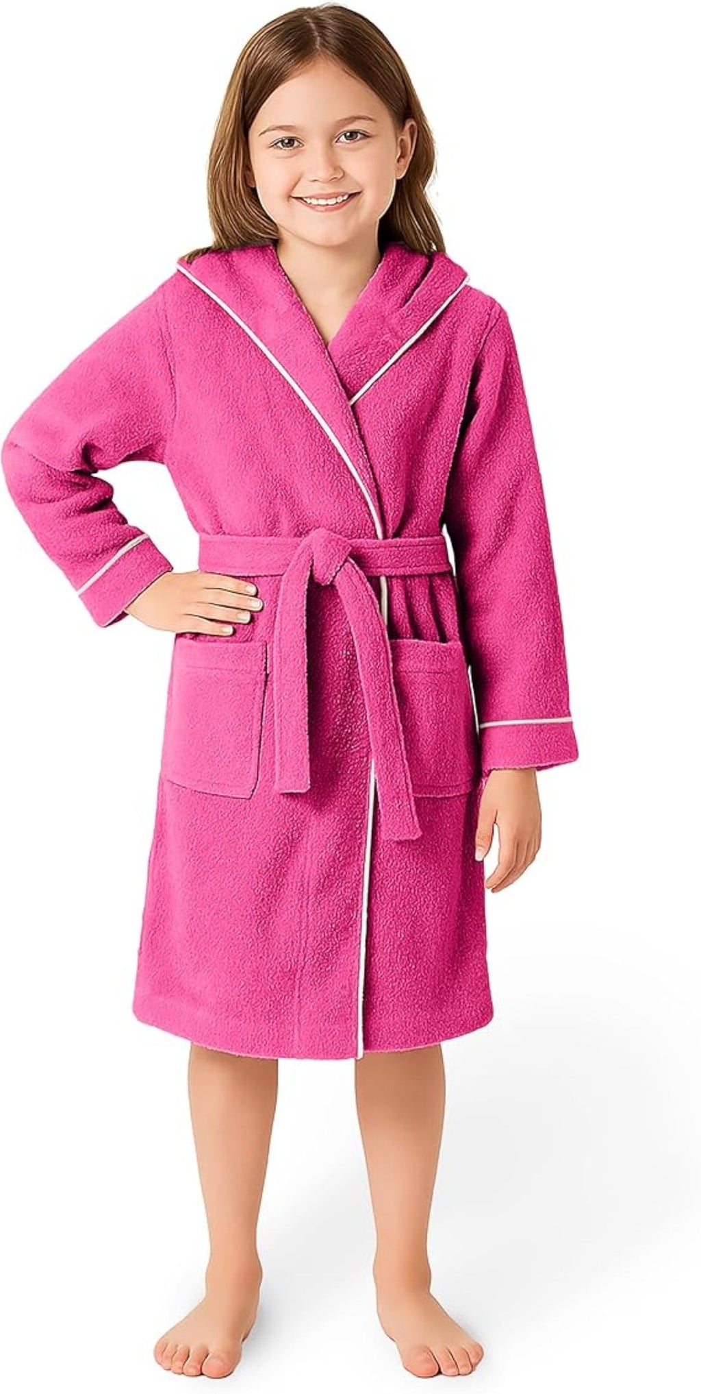 Kinderbademantel Fuchsia | 100 % Baumwolle – Weiche Textur – Kapuze – Tasche – Paspelierung