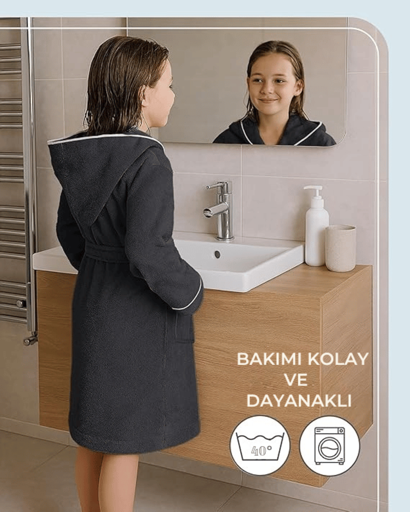 ÇOCUK BORNOZ ANTRASİT | %100 Pamuklu-Yumuşak Doku-Kapüşonlu-Cepli-Biyeli