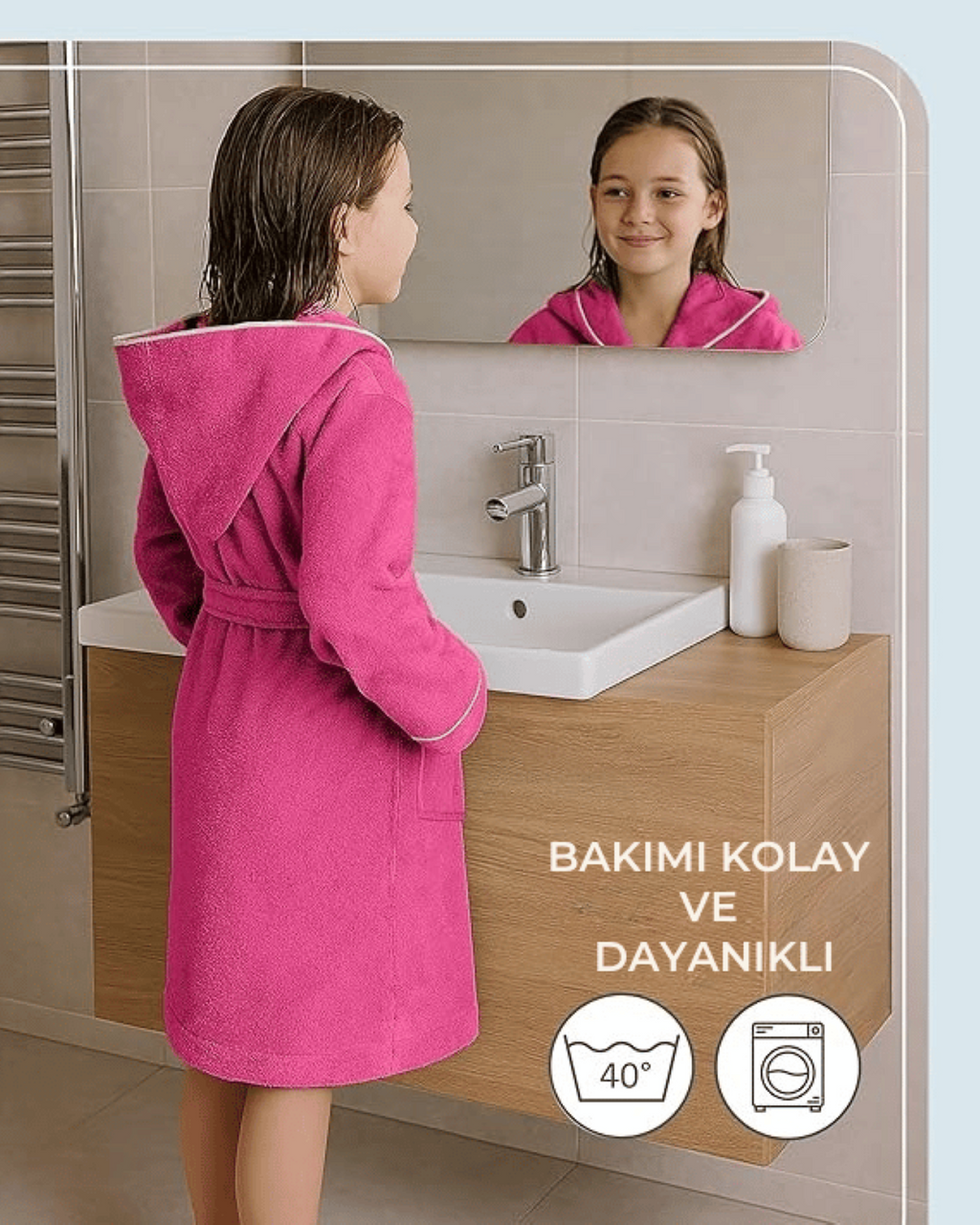 Kinderbademantel Fuchsia | 100 % Baumwolle – Weiche Textur – Kapuze – Tasche – Paspelierung